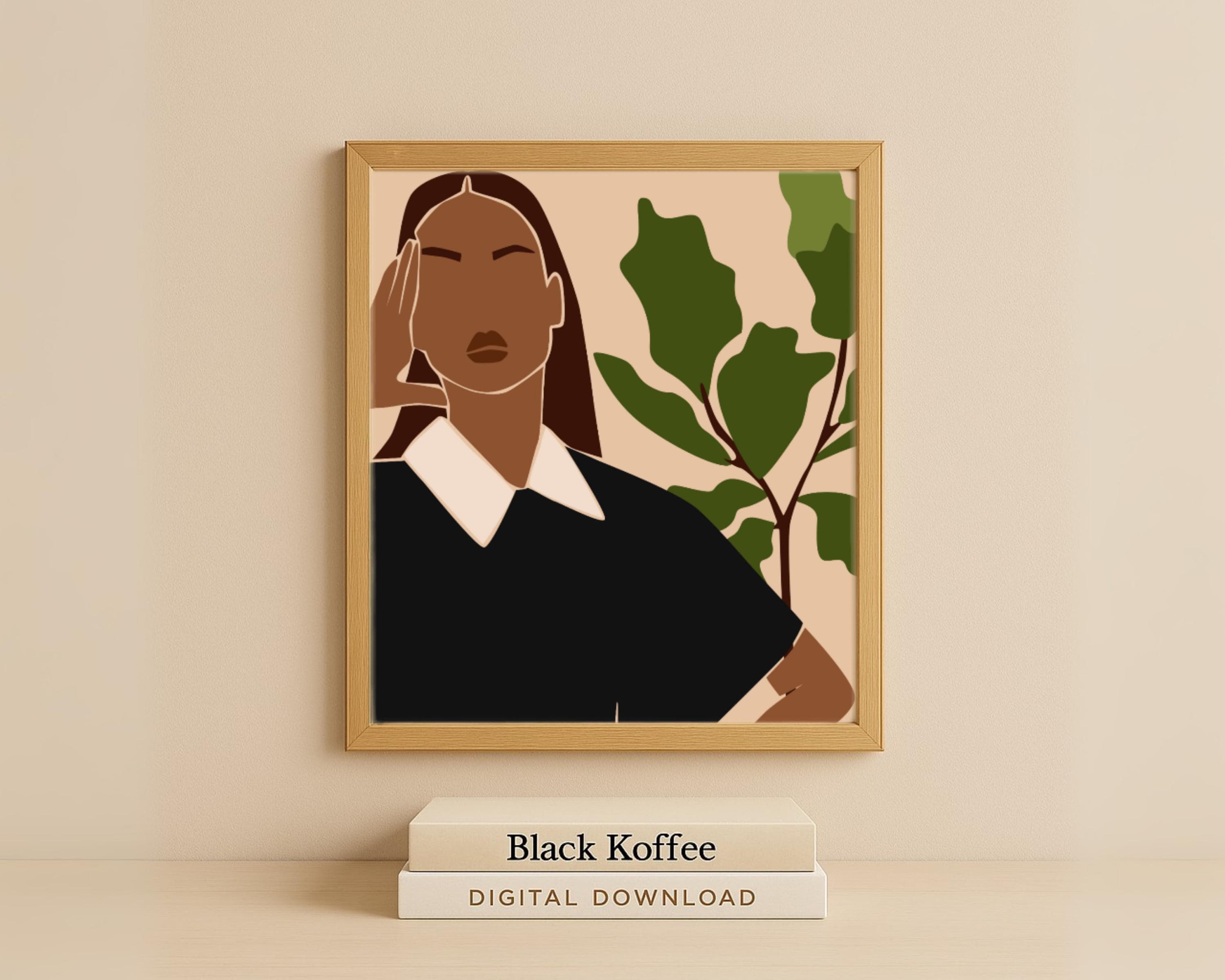 Black Woman Fashion Print – Editorial Botanical Illustration, Digital Download (A3/A4 + Free Phone Wallpaper)