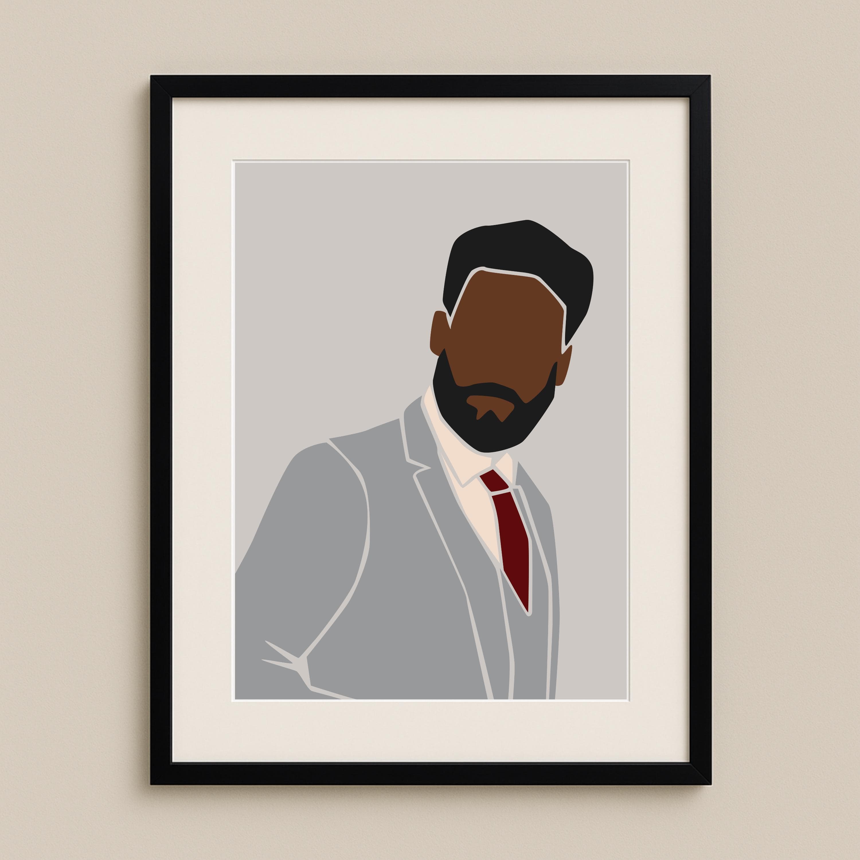 Black Man Portrait Art Print – Grey Suit Illustration, Modern Afrocentric Home & Gallery Decor