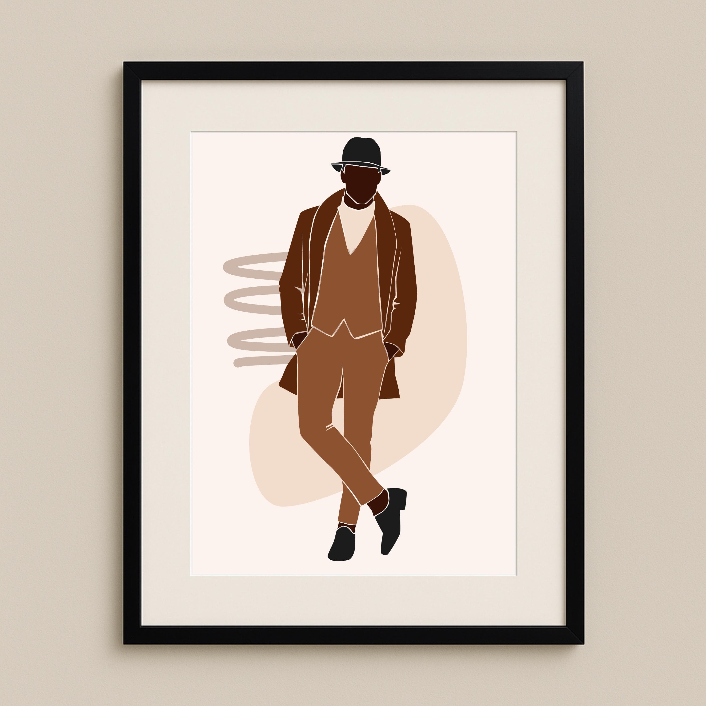 Afrocentric Black Man Portrait Print – Brown Suit & Hat, Stylish Modern Masculine Wall Art