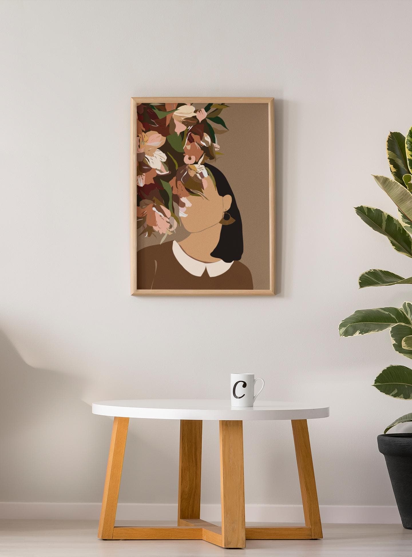 Floral Woman Art Print – Minimalist Botanical Boho Illustration, Neutral A3 Wall Poster