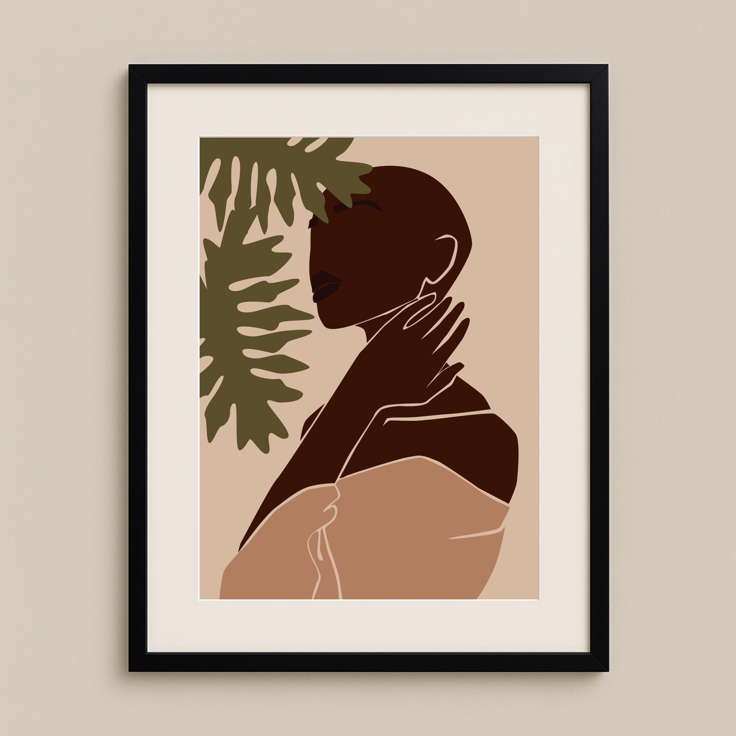 Minimalist Afrocentric Art Print – Black Woman Botanical Illustration, Modern Self-Love Decor