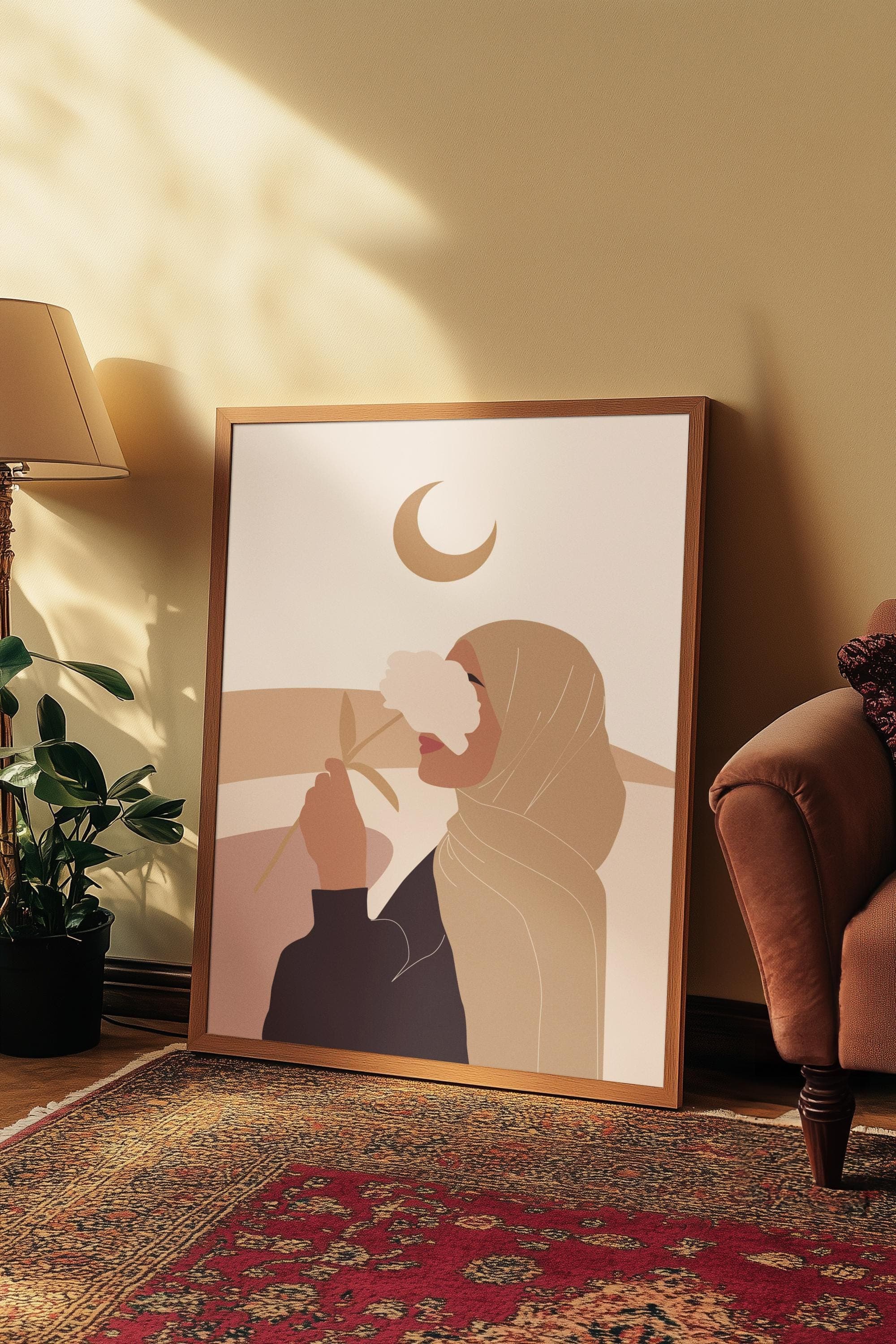 Hijab Wall Art Print – Boho Crescent Moon Muslim Illustration, Scandi Minimalist Decor A3 - image 3