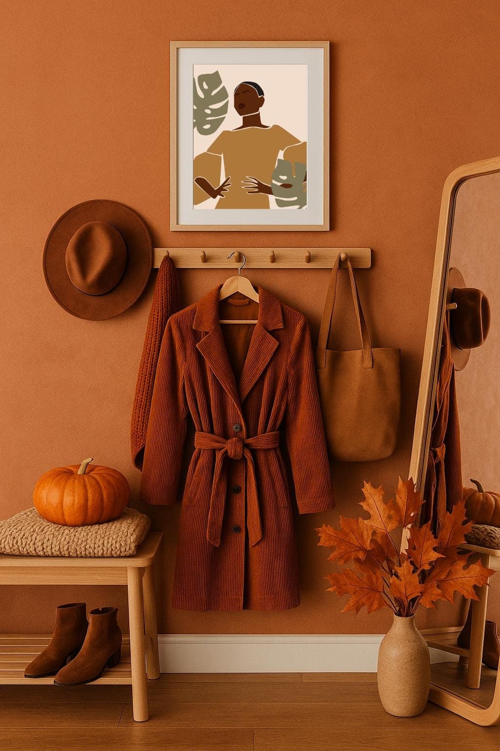 Autumn Wall Art Black Woman Print, Golden Tunic Illustration, Modern Fashion Poster, Minimalist Home Decor A3 A4 5x7 6x4 - image 3