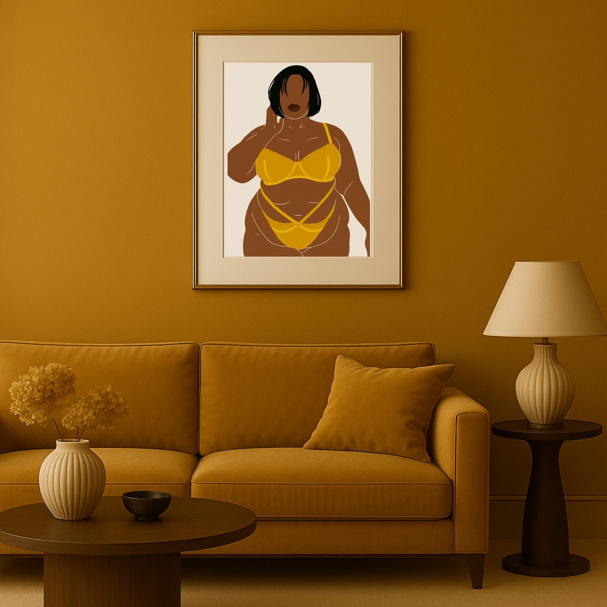 Curvy Black Woman Wall Art Print – Yellow Lingerie Body Positive Illustration, Empowering Bedroom Decor - image 5