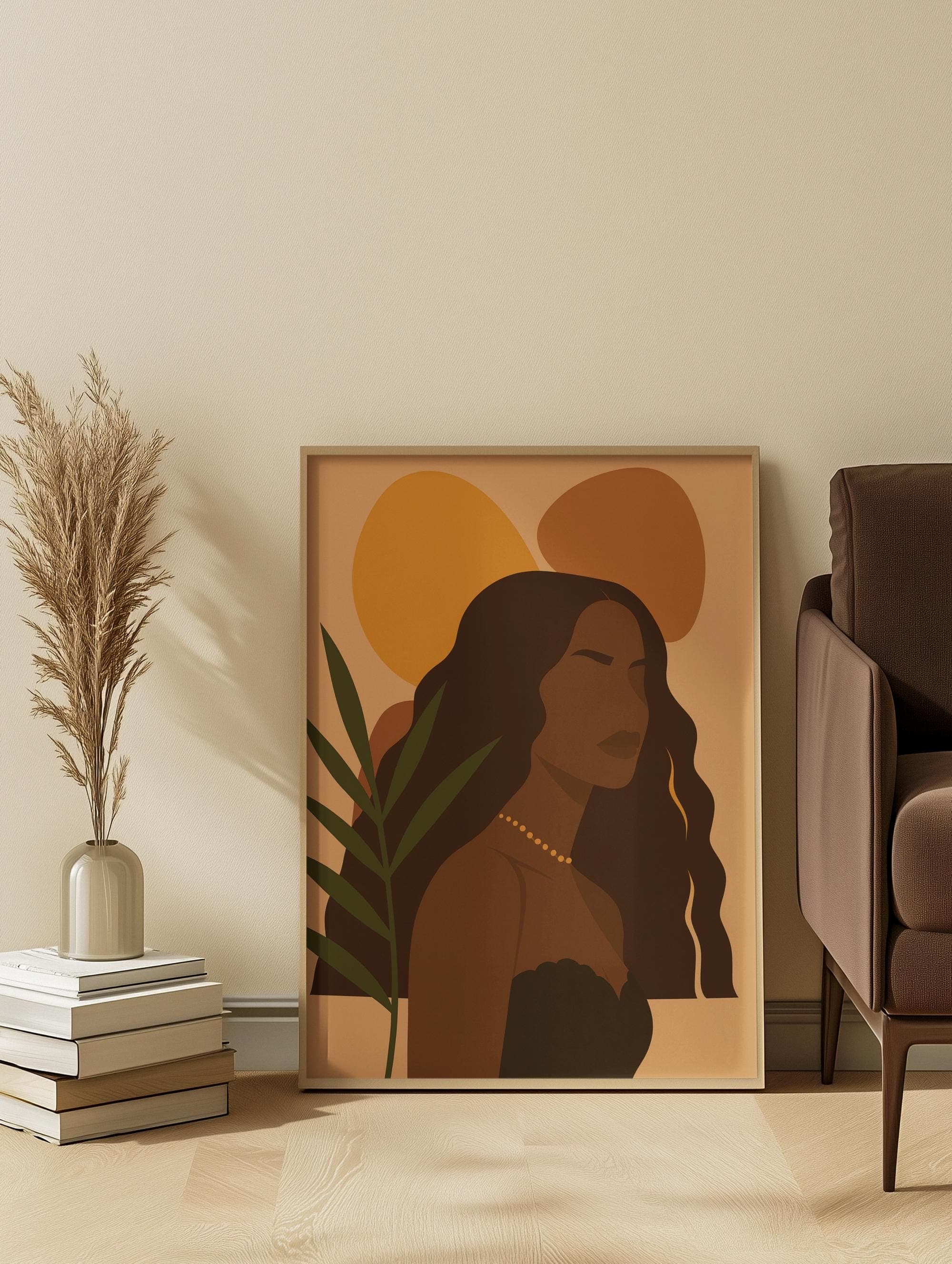 Afrocentric Woman Portrait Print – Brown & Gold Abstract Illustration, Modern Minimalist Boho Wall Art