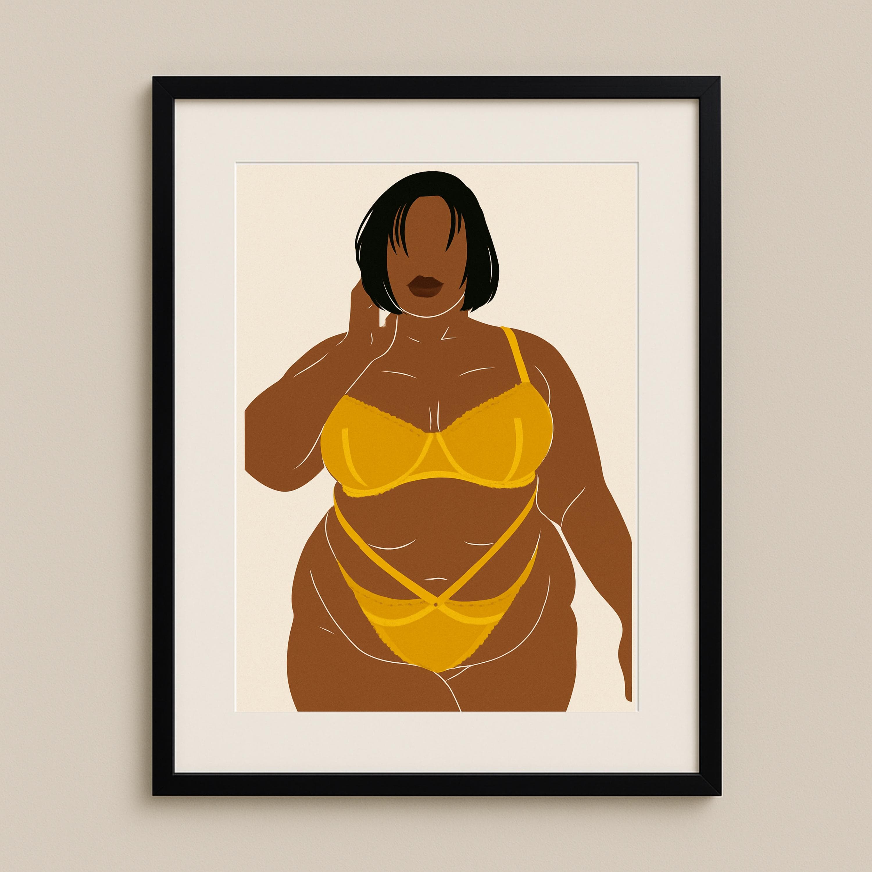Curvy Black Woman Wall Art Print – Yellow Lingerie Body Positive Illustration, Empowering Bedroom Decor