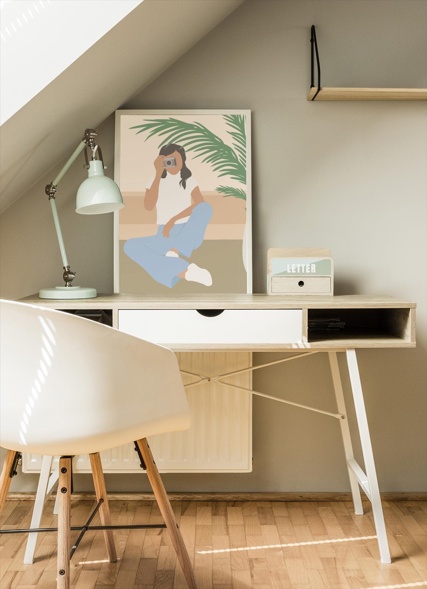 Minimalist Photographer Woman Print – Neutral Green Illustration, Contemporary Home Office Decor - image 3