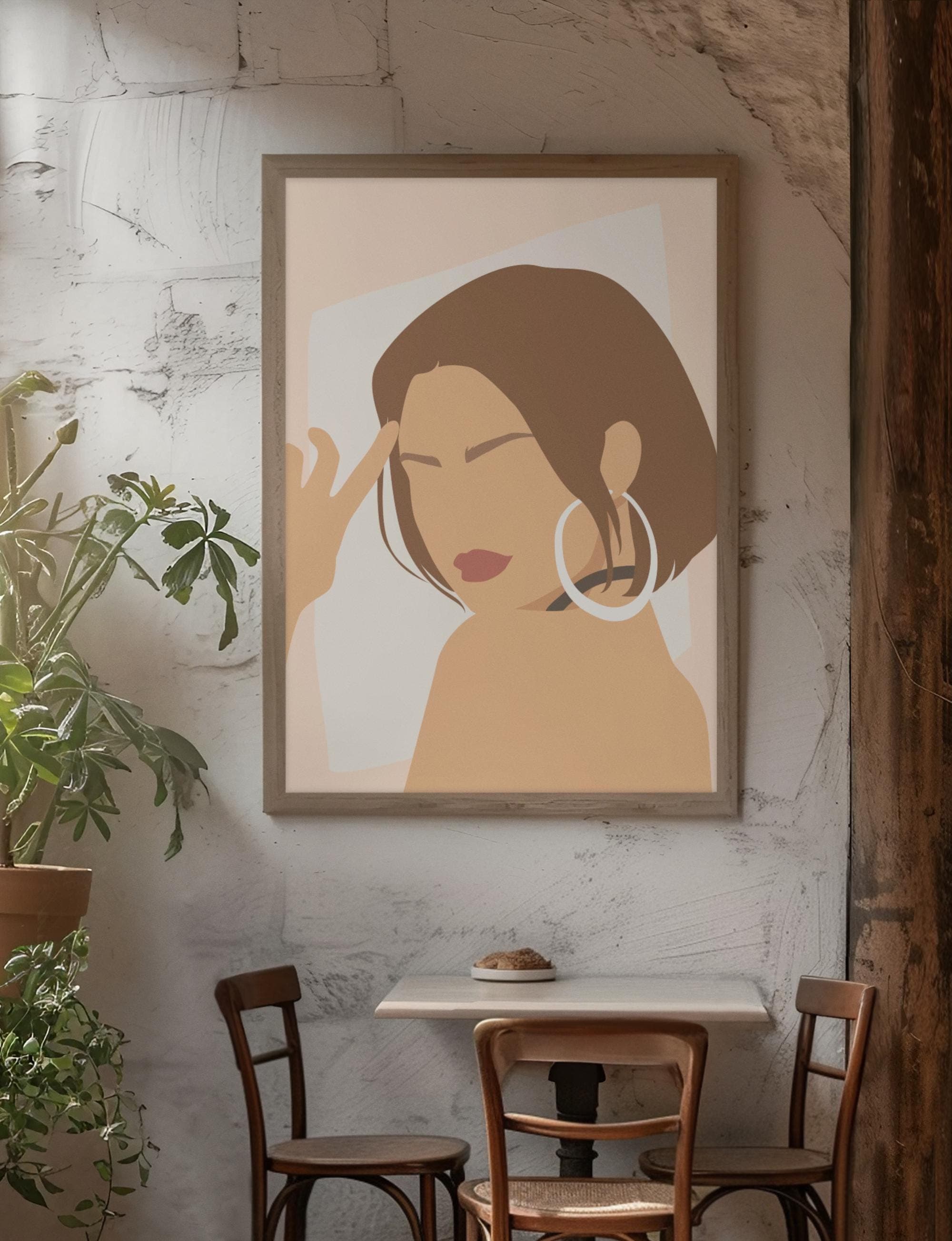 Minimalist Woman Portrait Print – Bob Haircut & Hoop Earrings, Modern Neutral Wall Art
