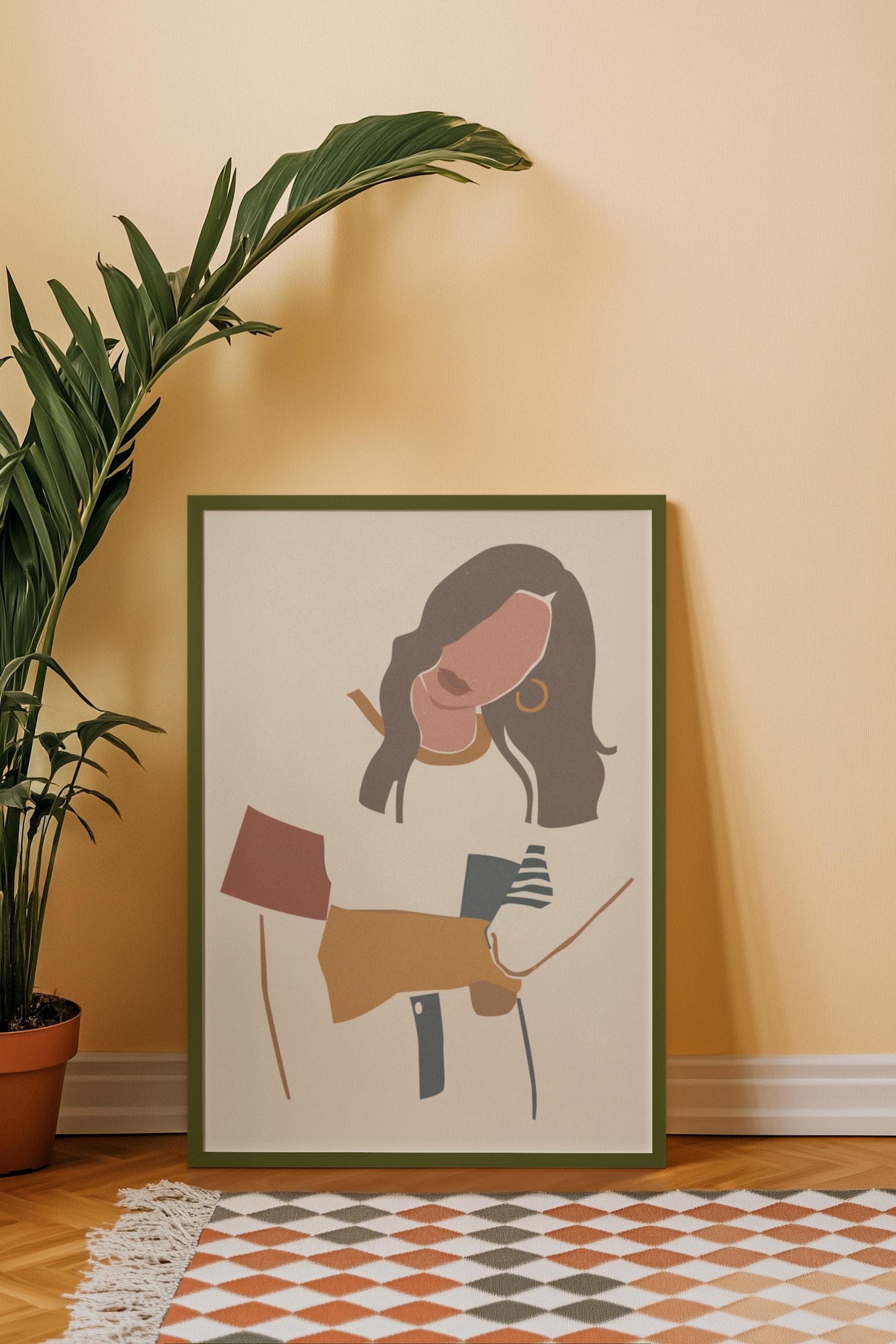 Modern Boho Woman Art Print – Neutral Fashion Illustration, Coffee Lover Wall Art (A3 Poster) - image 3