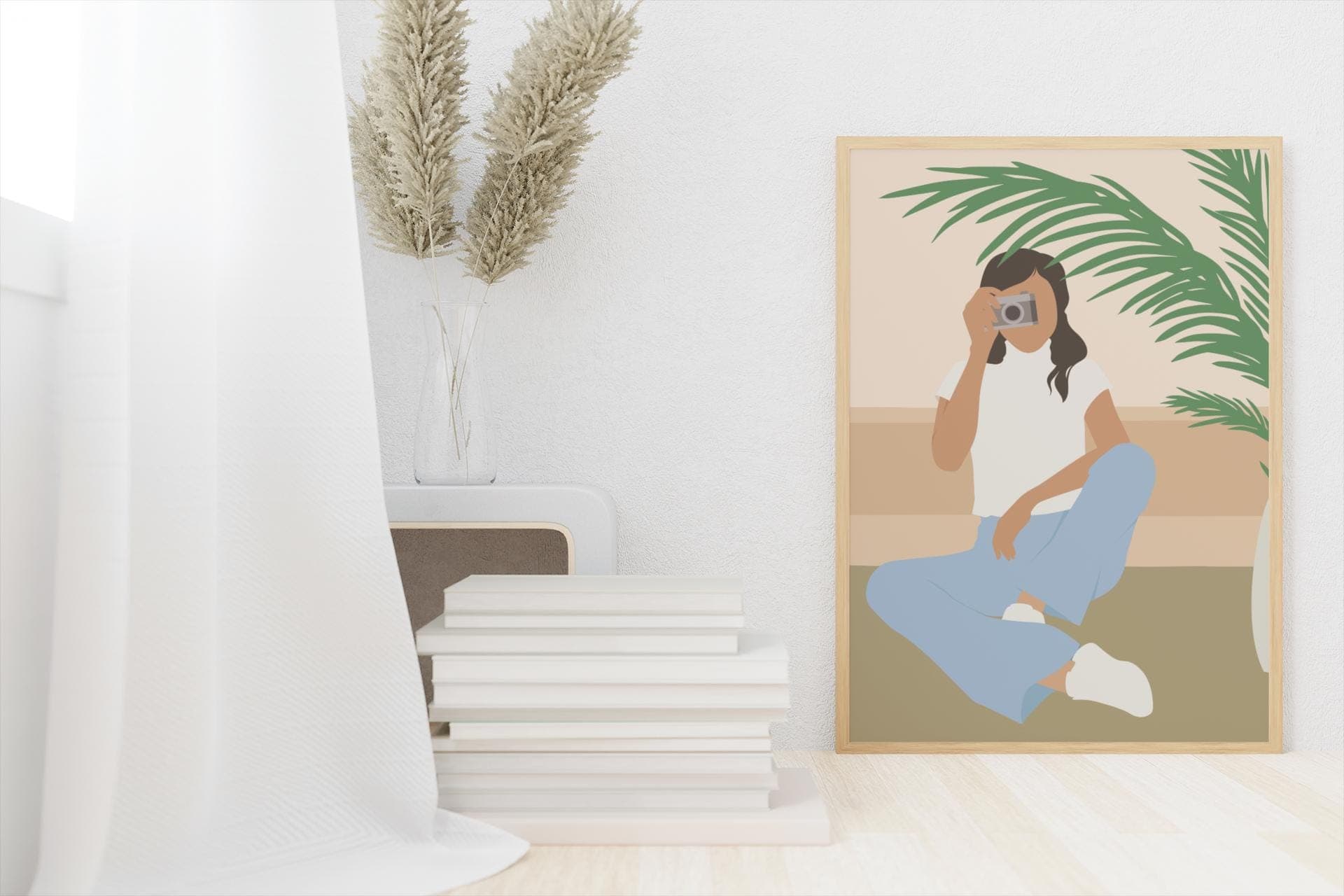 Minimalist Photographer Woman Print – Neutral Green Illustration, Contemporary Home Office Decor