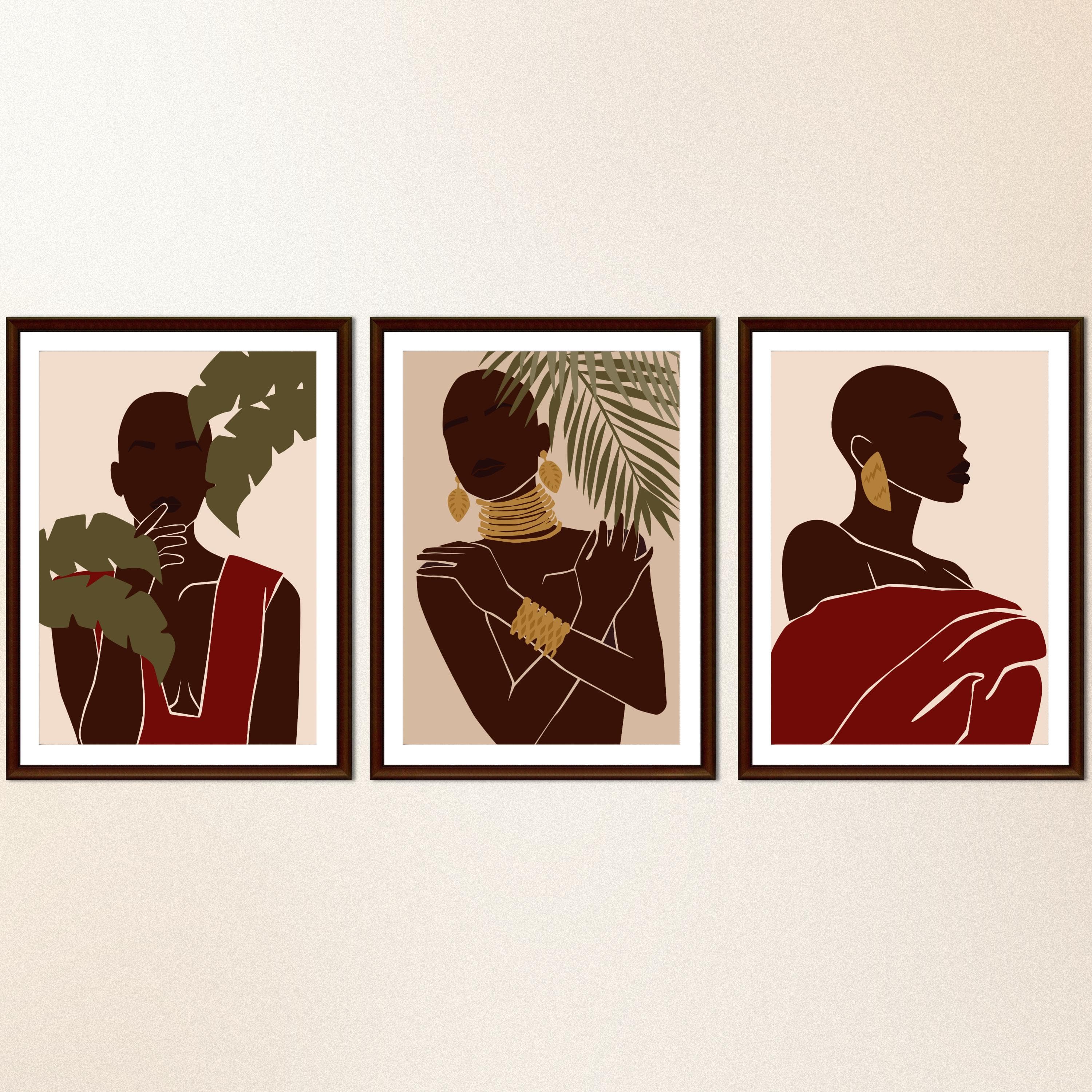 Woman Trio Wall Art Prints, Minimalist Brown Gold Portrait Set of 3, Modern Boho Illustration, Botanical Neutral Home Decor