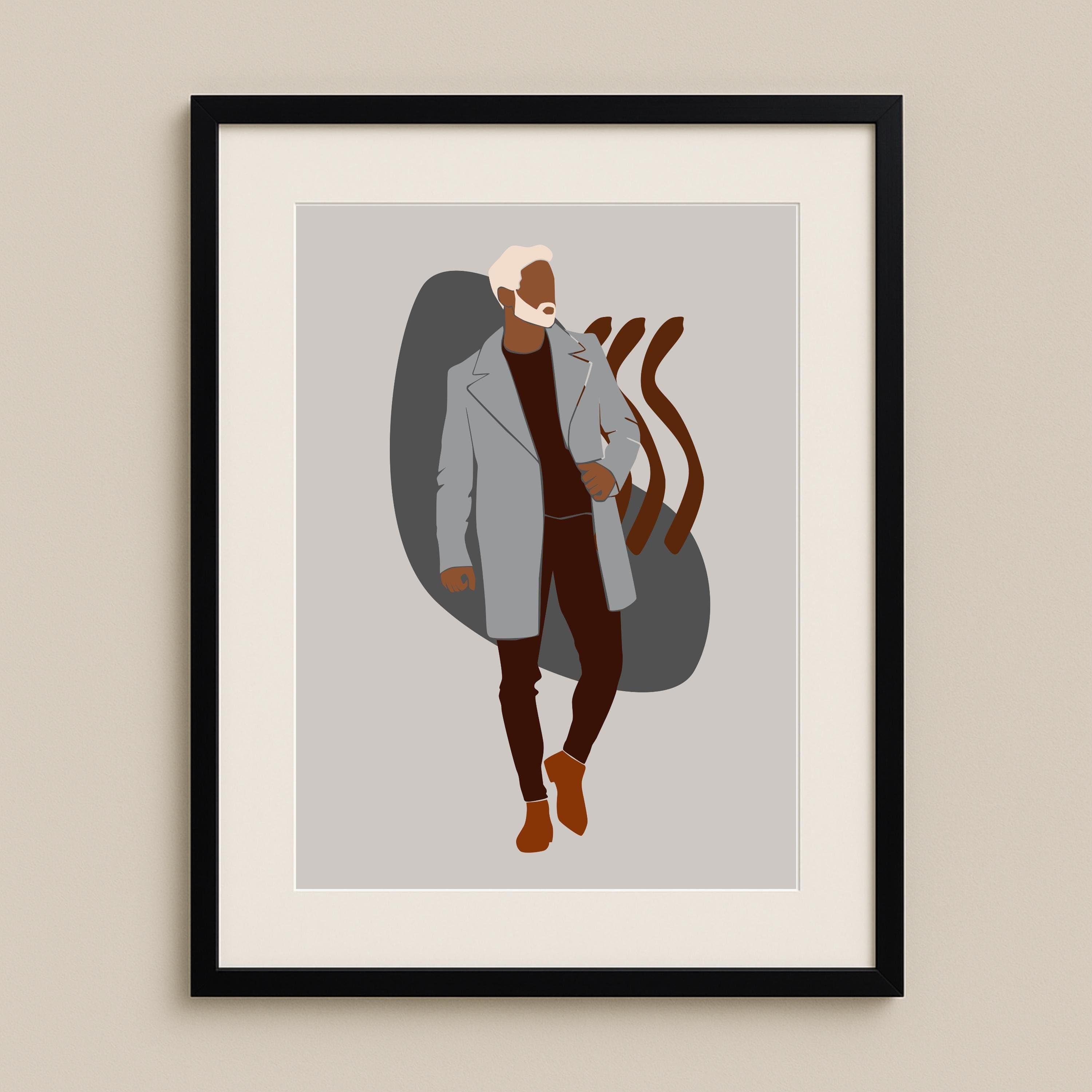 Afrocentric Black Man Portrait Print – Grey Coat Illustration, Contemporary Masculine Home & Gallery Art