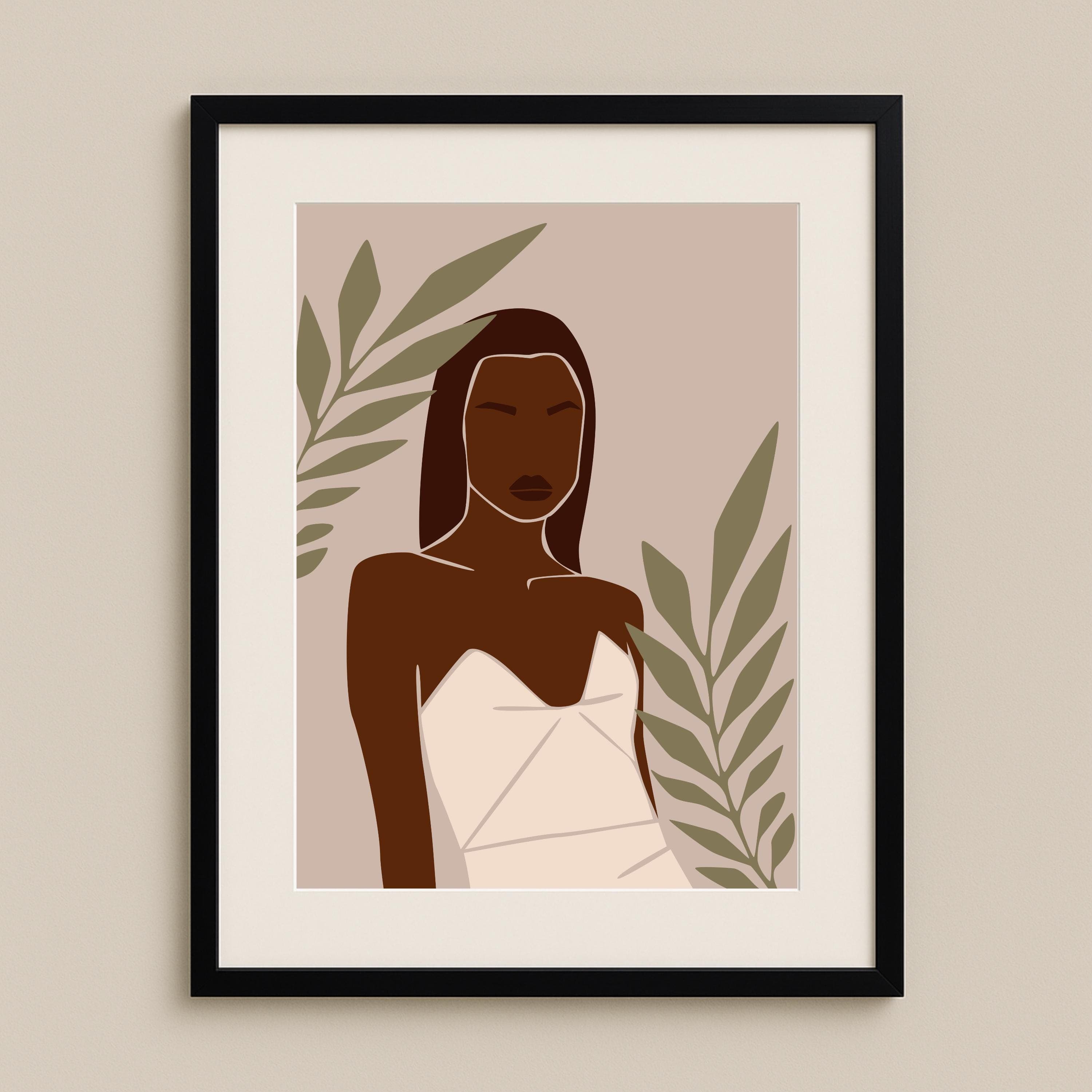 Autumn Wall Art Black Woman Print, White Bandeau Poster, Modern Fashion Illustration, Neutral Wall Decor A3 A4 5x7 4x6