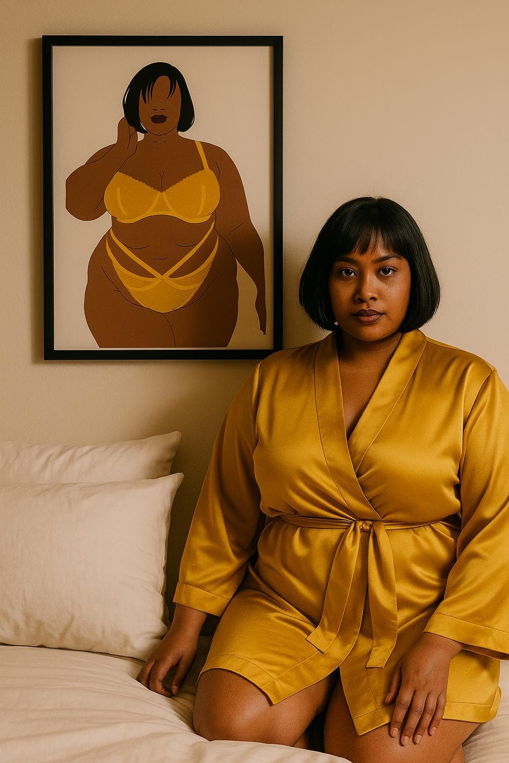 Curvy Black Woman Wall Art Print – Yellow Lingerie Body Positive Illustration, Empowering Bedroom Decor - image 3
