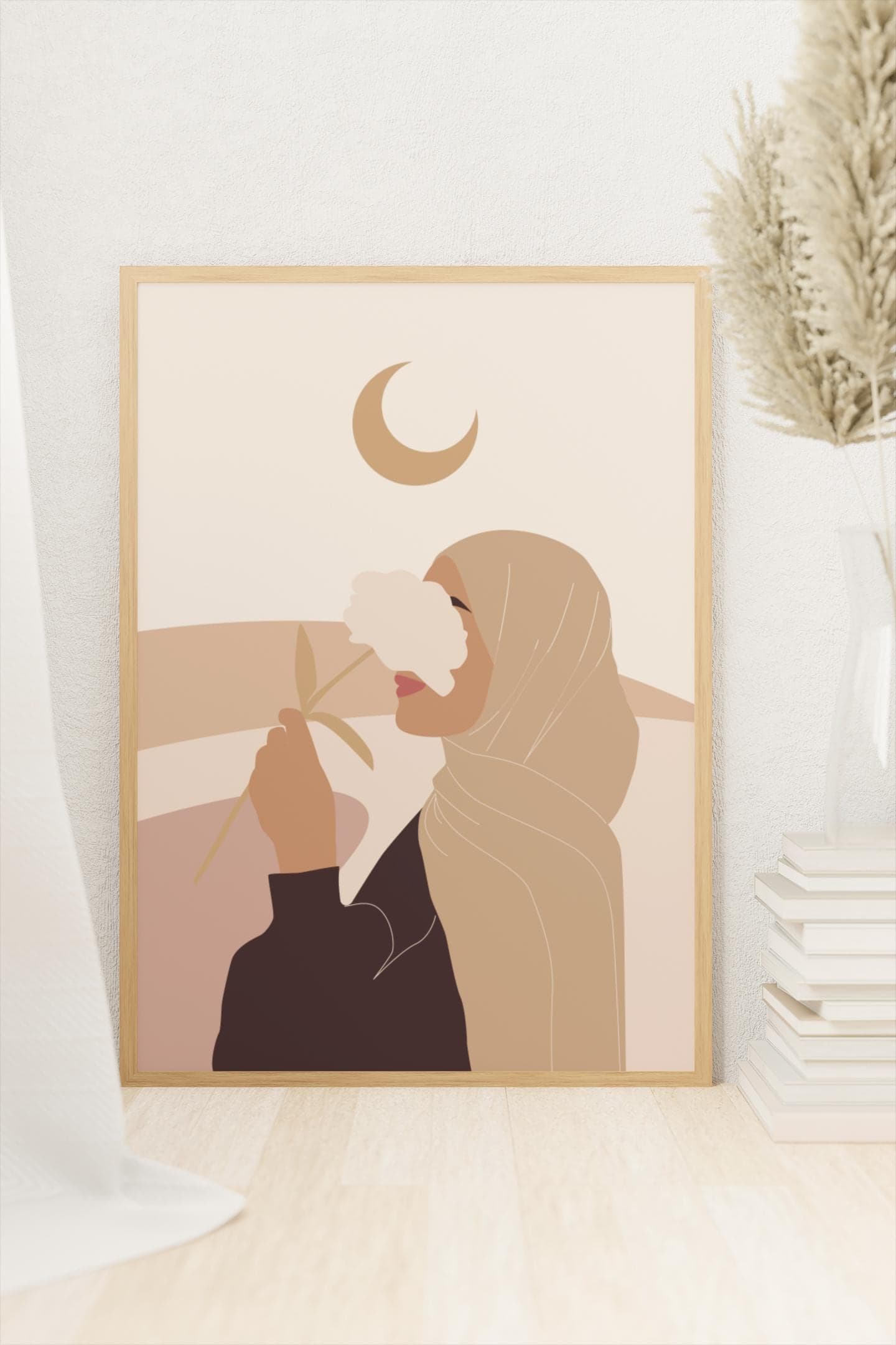 Hijab Wall Art Print – Boho Crescent Moon Muslim Illustration, Scandi Minimalist Decor A3