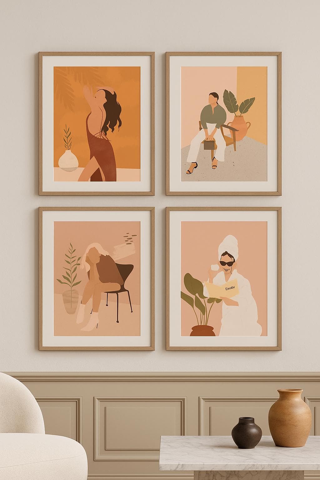 Neutral Wall Art Bundle | Set of 4 Digital Prints A3 | Boho Minimalist Home Decor | Modern Living Room Printable Art Download