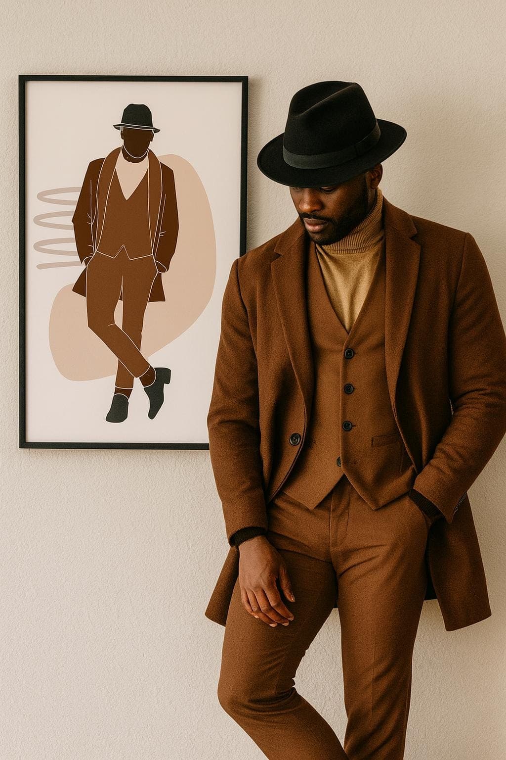 Afrocentric Black Man Portrait Print – Brown Suit & Hat, Stylish Modern Masculine Wall Art - image 3