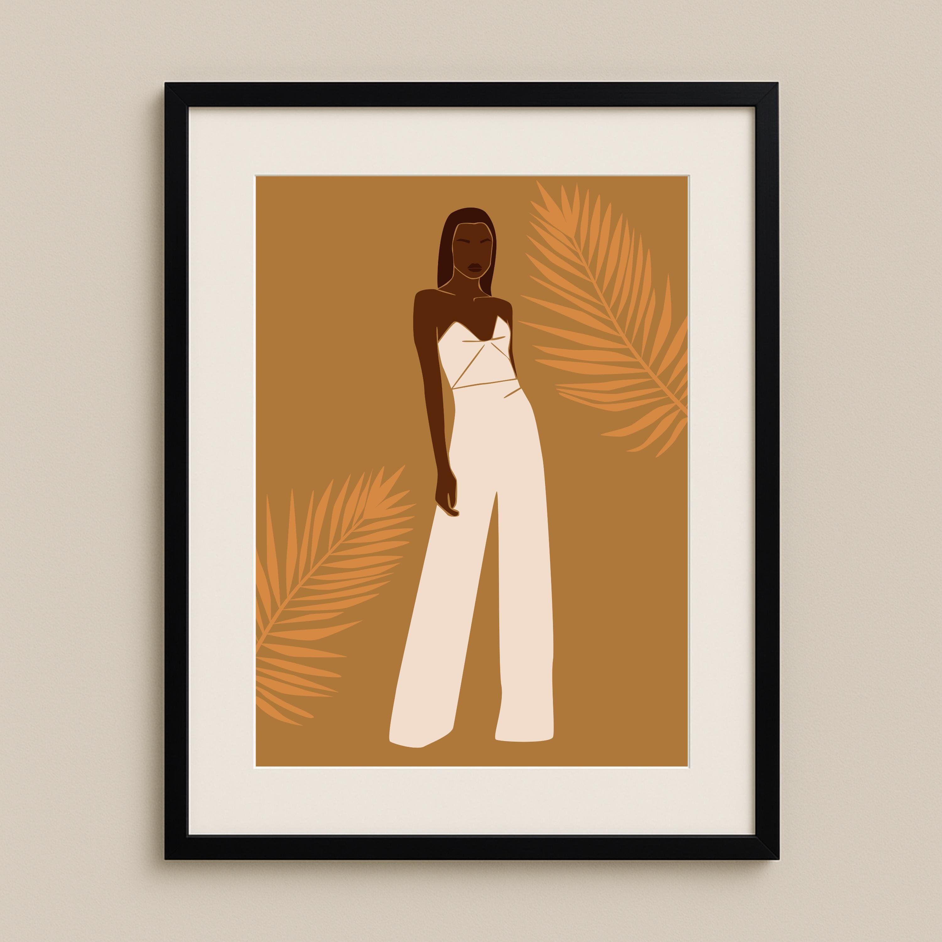 Minimalist Palm Leaf Fashion Wall Art Print – Elegant Neutral Woman Silhouette | Warm Earth Tones | Free Gift Included A3 A4 5x7 6x4