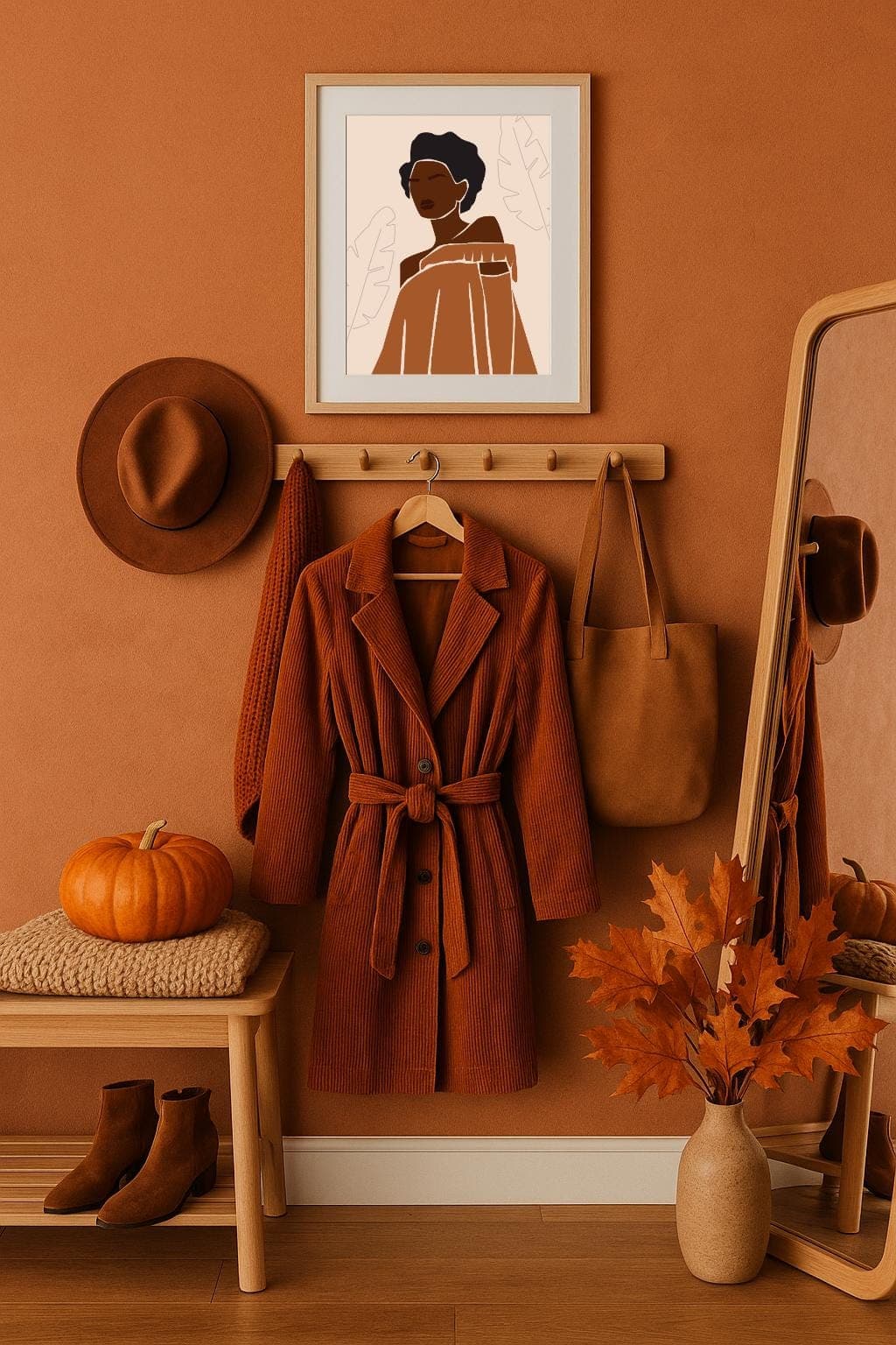 Autumn Wall Art Black Woman Print, Orange Dress Fashion Poster, Modern Minimalist Illustration, Stylish Home Decor A3 A4 5x7 6x4 - image 3