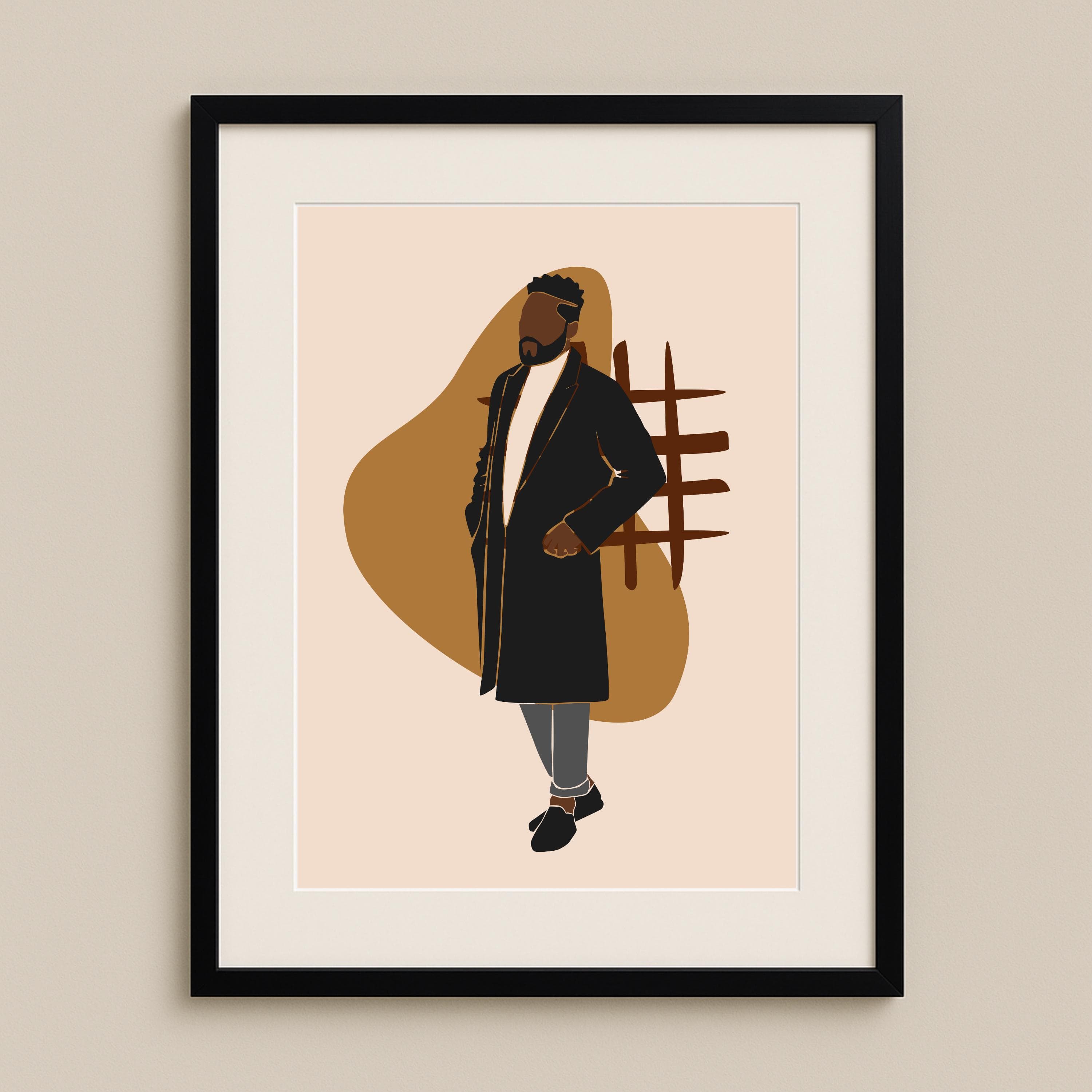 Black Man Portrait Art Print – Afrocentric Illustration in Long Coat, Modern Masculine Wall Decor