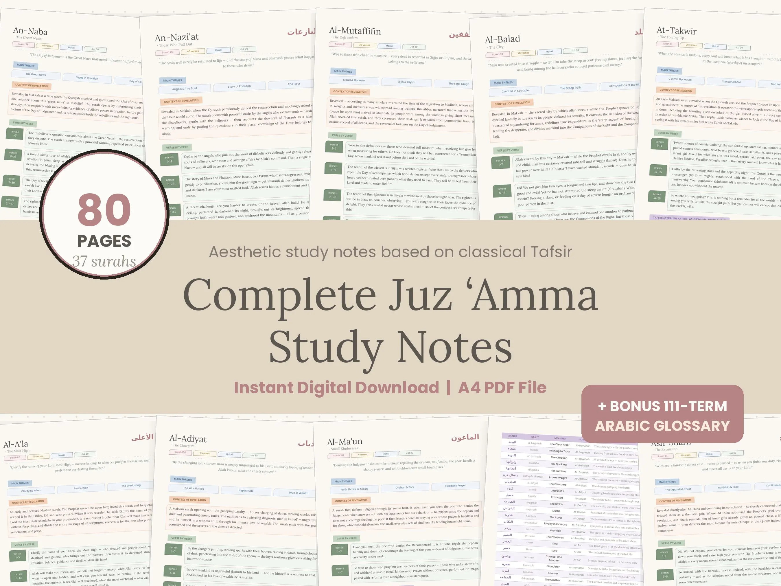 Juz Amma Study Notes, Quran Reflection Journal, Simplified Tafsir, Surah Summaries, Muslim Study Guide, Islamic Printable PDF Download