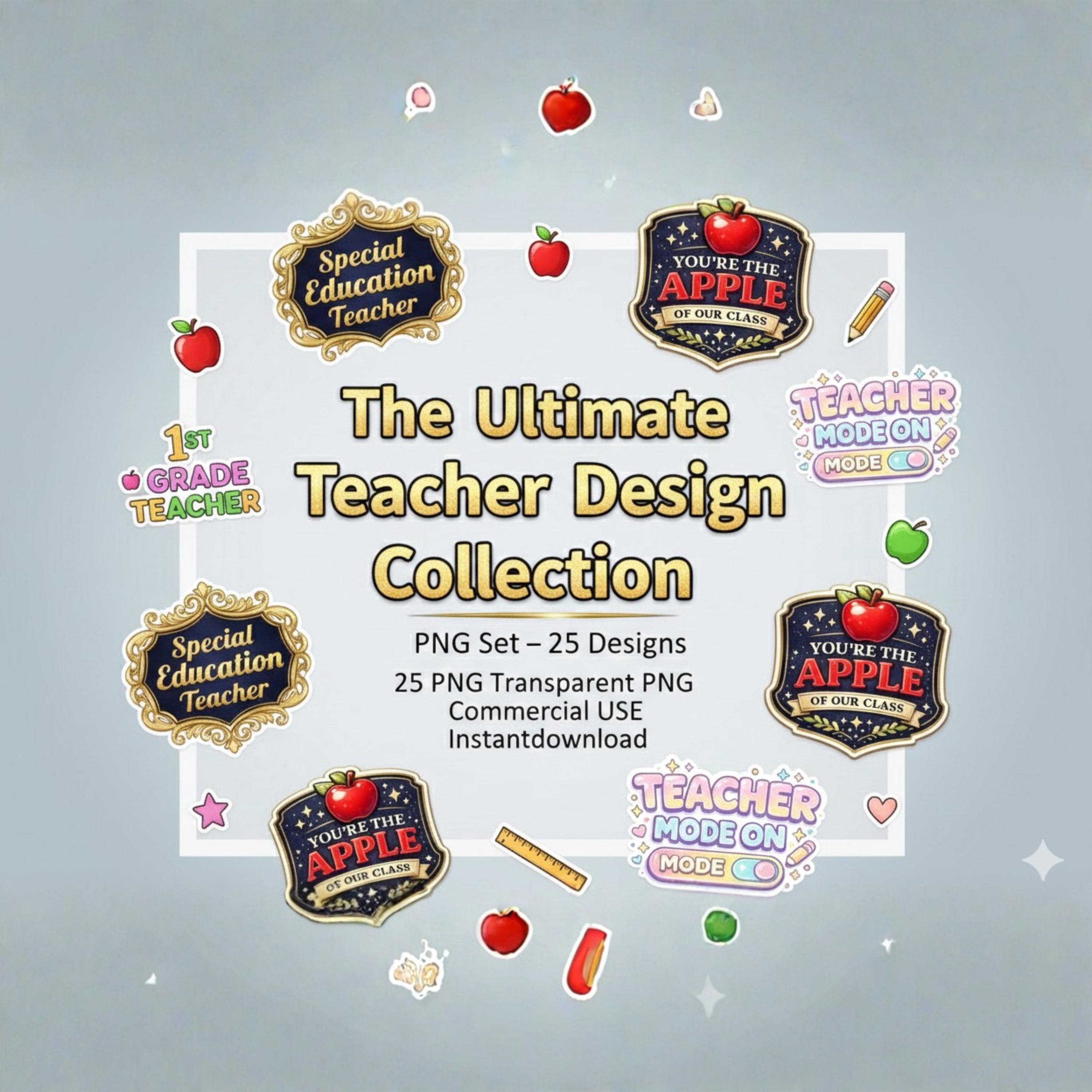 Teacher Clipart Design Bundle – 25 PNG Graphics, Commercial Use (Digital Download)