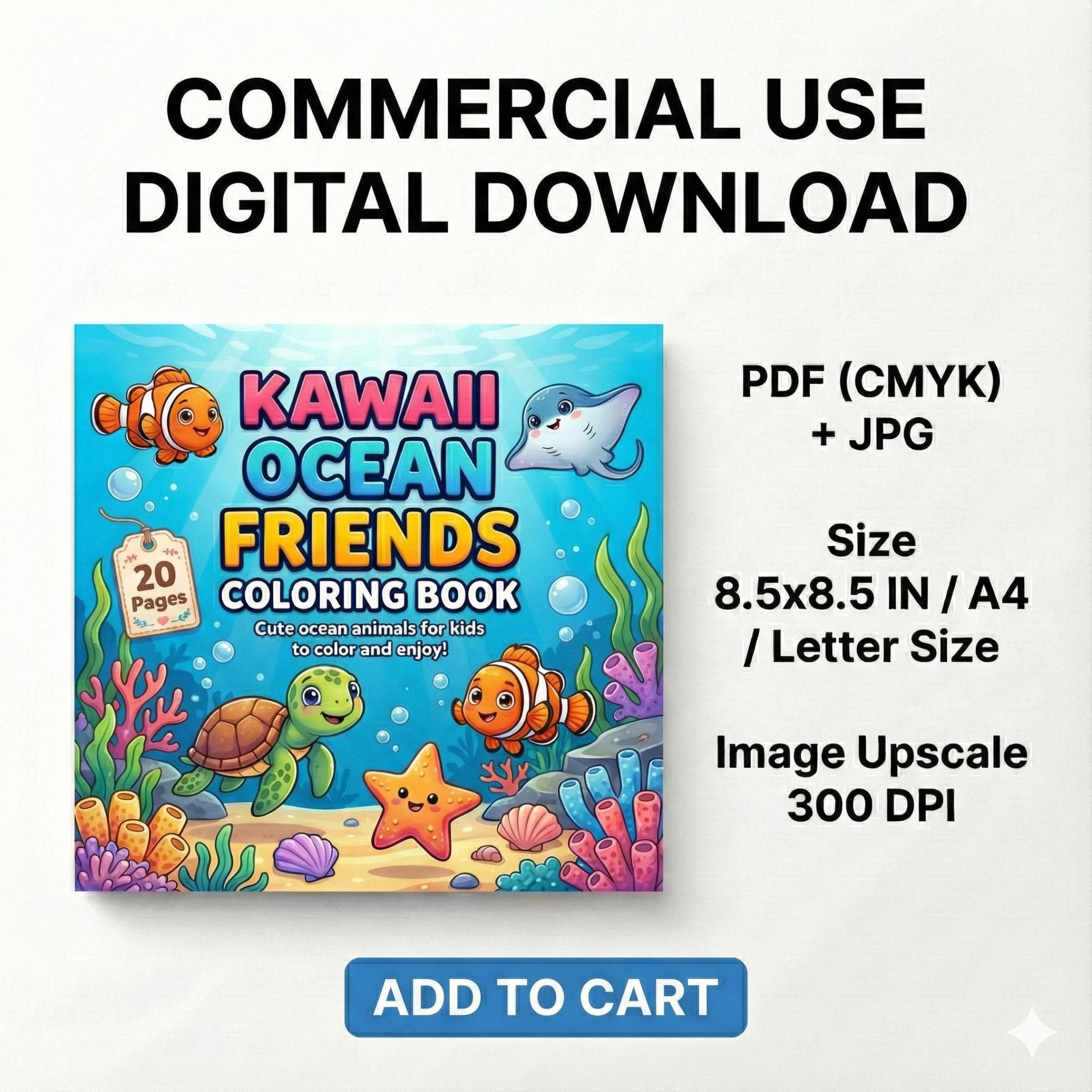 Kawaii Ocean Friends Coloring Book for Kids | Sea Animals Coloring Pages | Underwater Creatures Printable |