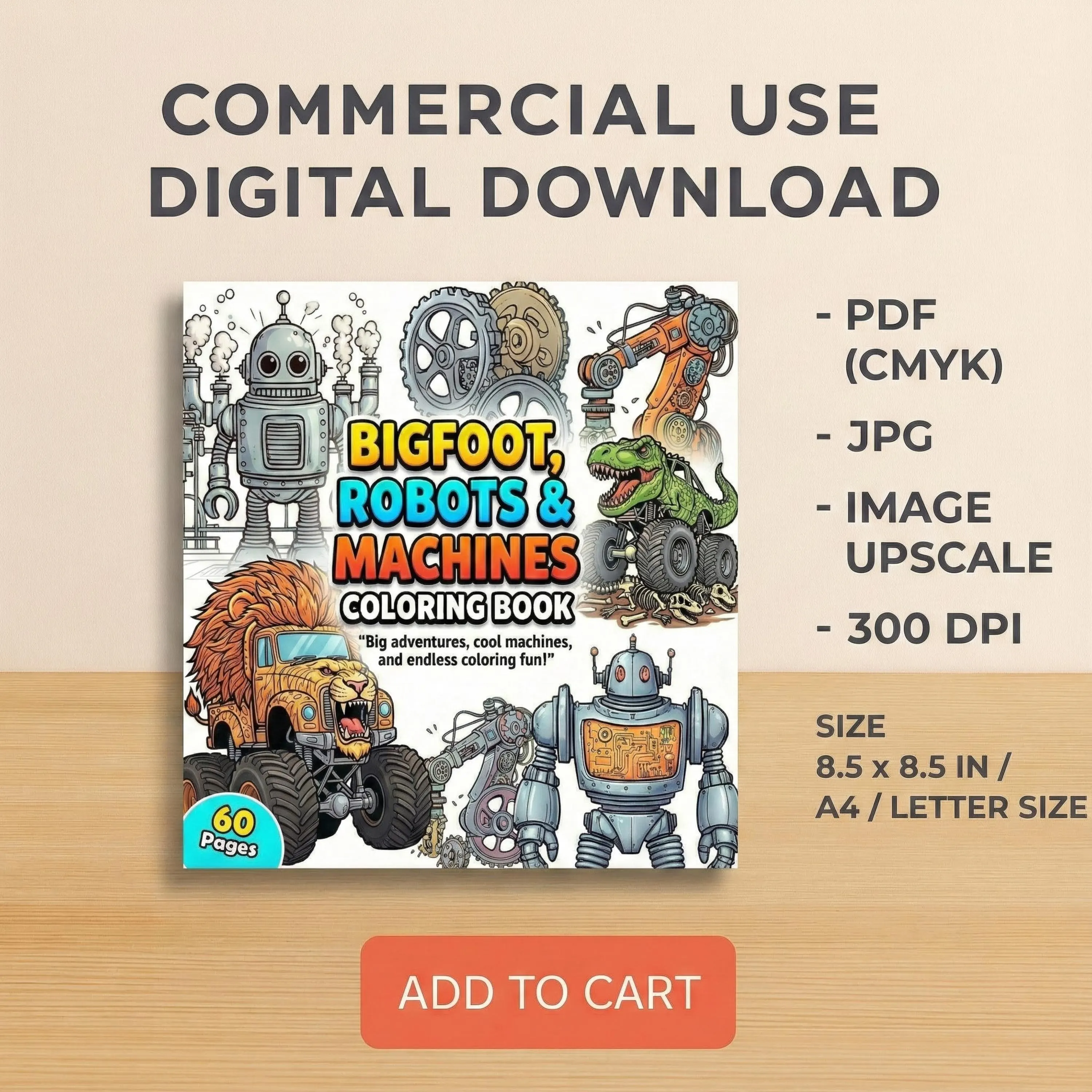 Bigfoot, Robots & Machines Coloring Book, 60 Pages (Printable PDF)
