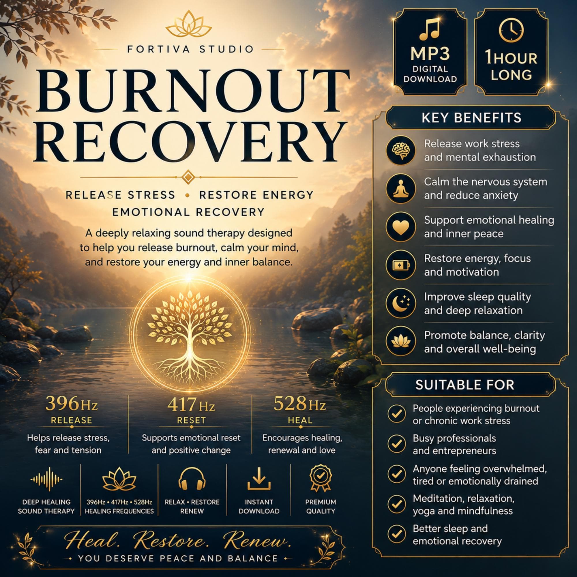 Burnout Recovery Meditation MP3, 396Hz 417Hz 528Hz, Stress Relief (1 Hour Download) - image 3