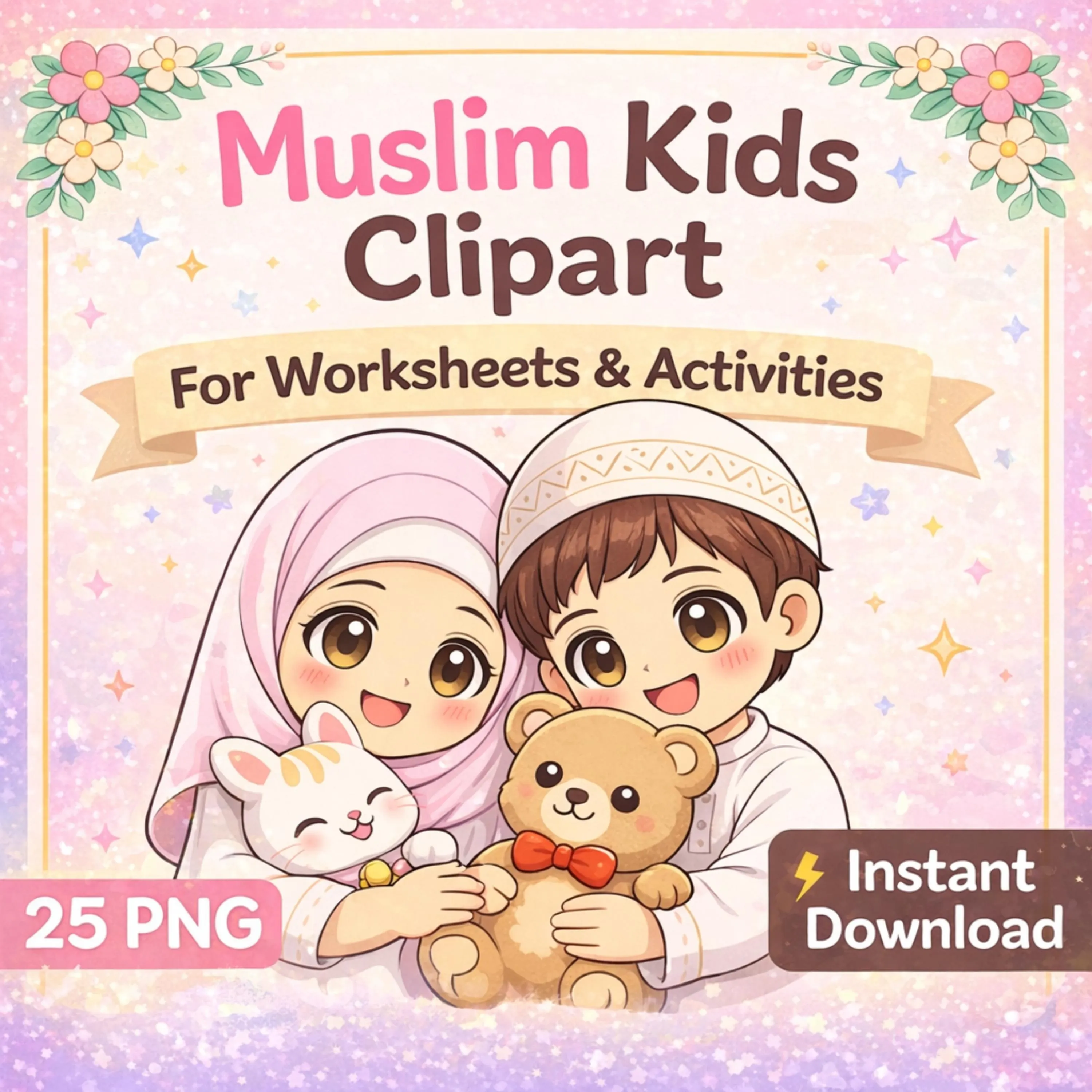 Muslim Kids Clipart, Pastel Illustrations, Worksheets & Activities (Instant Download)