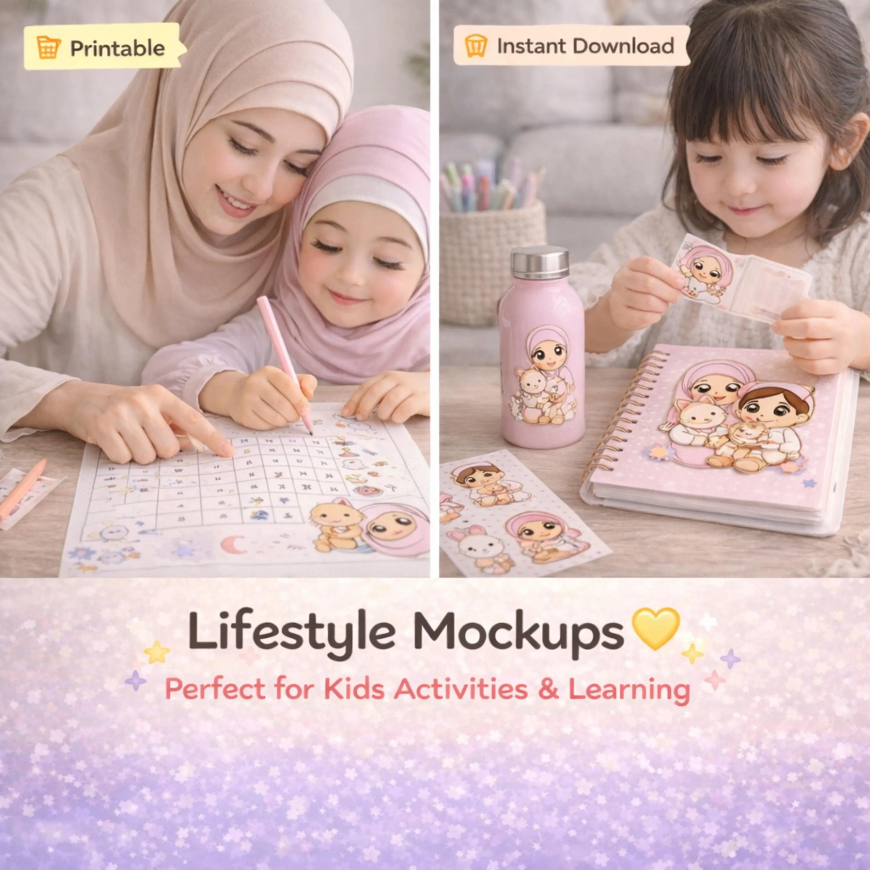 Muslim Kids Clipart, Pastel Illustrations, Worksheets & Activities (Instant Download) - image 5