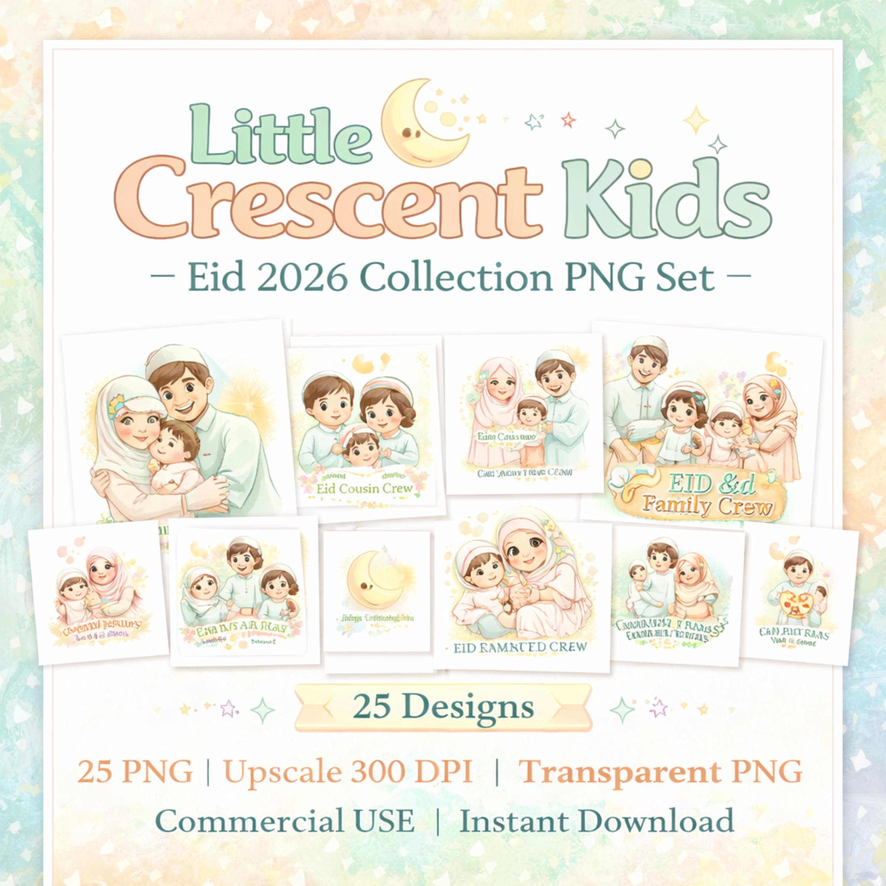 Little Crescent Kids Eid 2026 PNG Bundle – Pastel Muslim Family Designs (Digital Download)