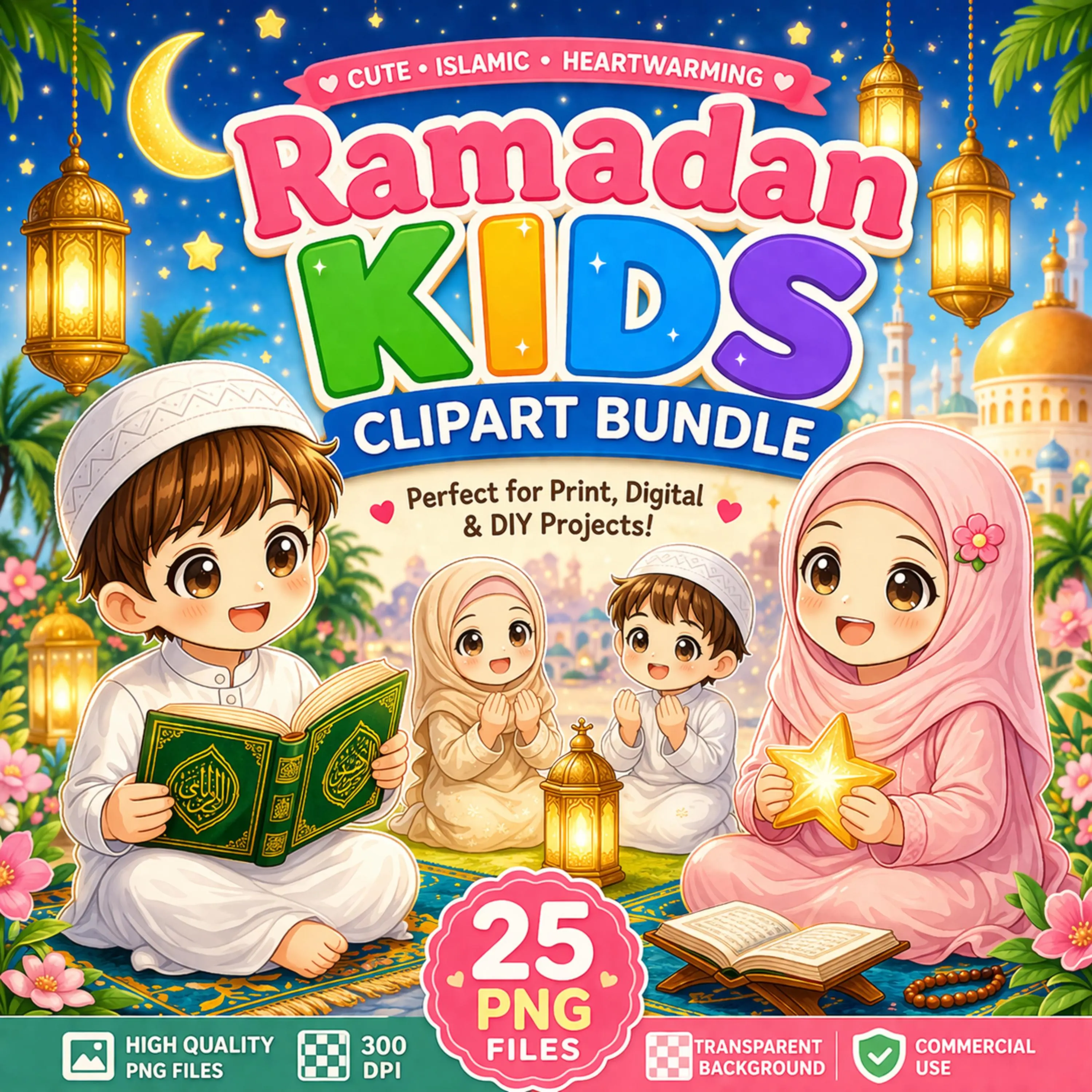 Ramadan Kids Clipart Bundle, Islamic Children PNG Files (Digital Download)