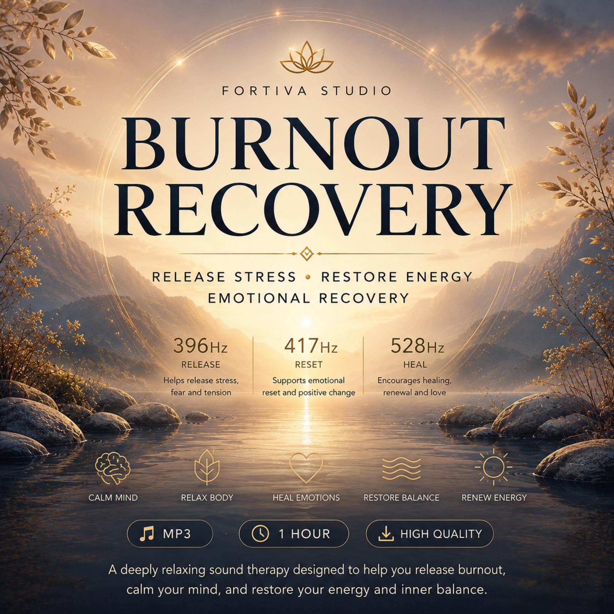 Burnout Recovery Meditation MP3, 396Hz 417Hz 528Hz, Stress Relief (1 Hour Download)