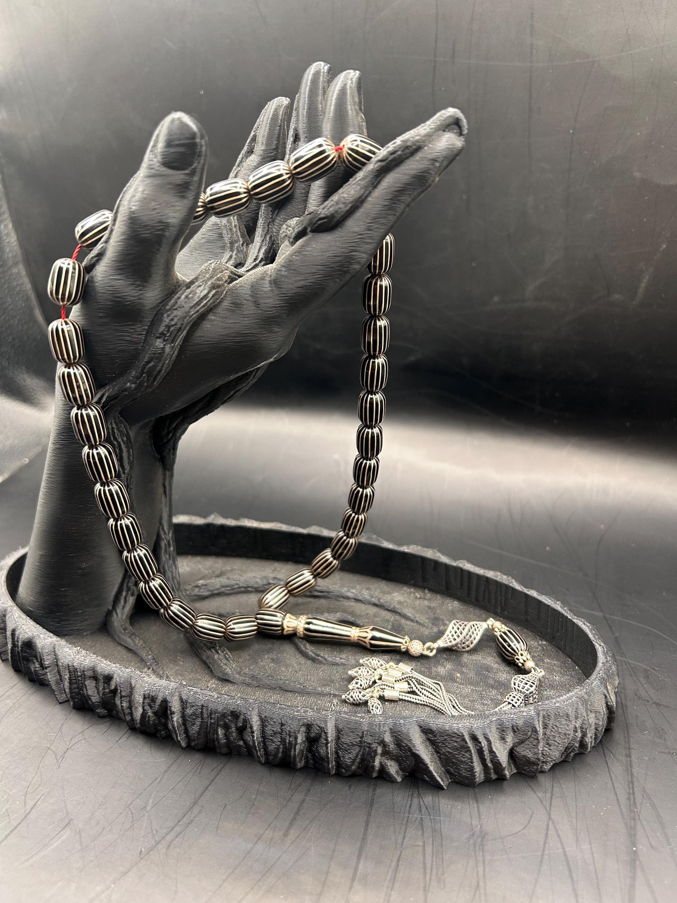 Handmade Oltu Stone Tasbih, 16 Split Cut Prayer Beads, Sterling Silver Imam, Turkish Misbaha