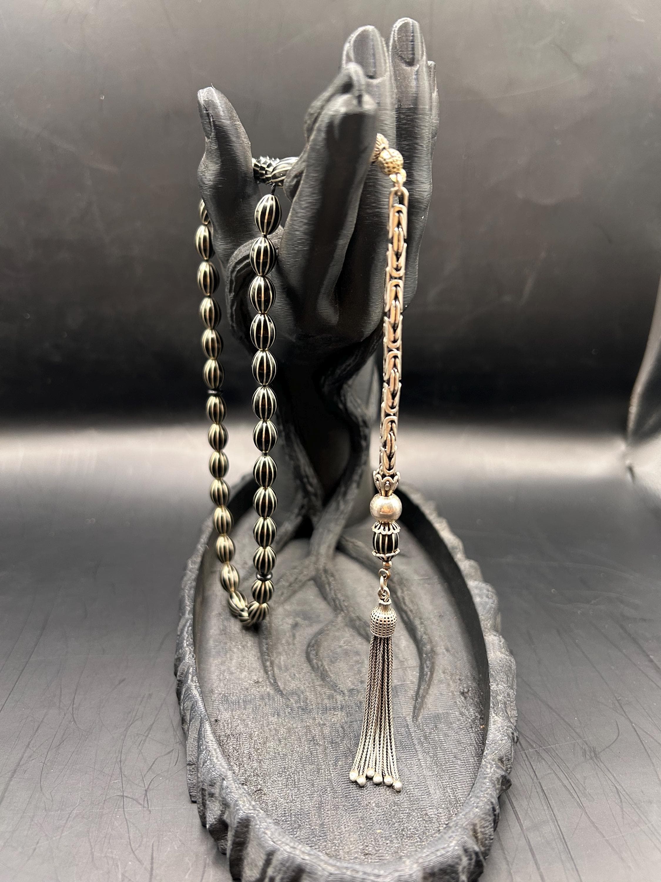 12mm Genuine Oltu Stone Prayer Beads, 925 Sterling Silver King Tassel, Handmade Turkish Tasbih, Islamic Misbaha, Muslim Gift - image 3