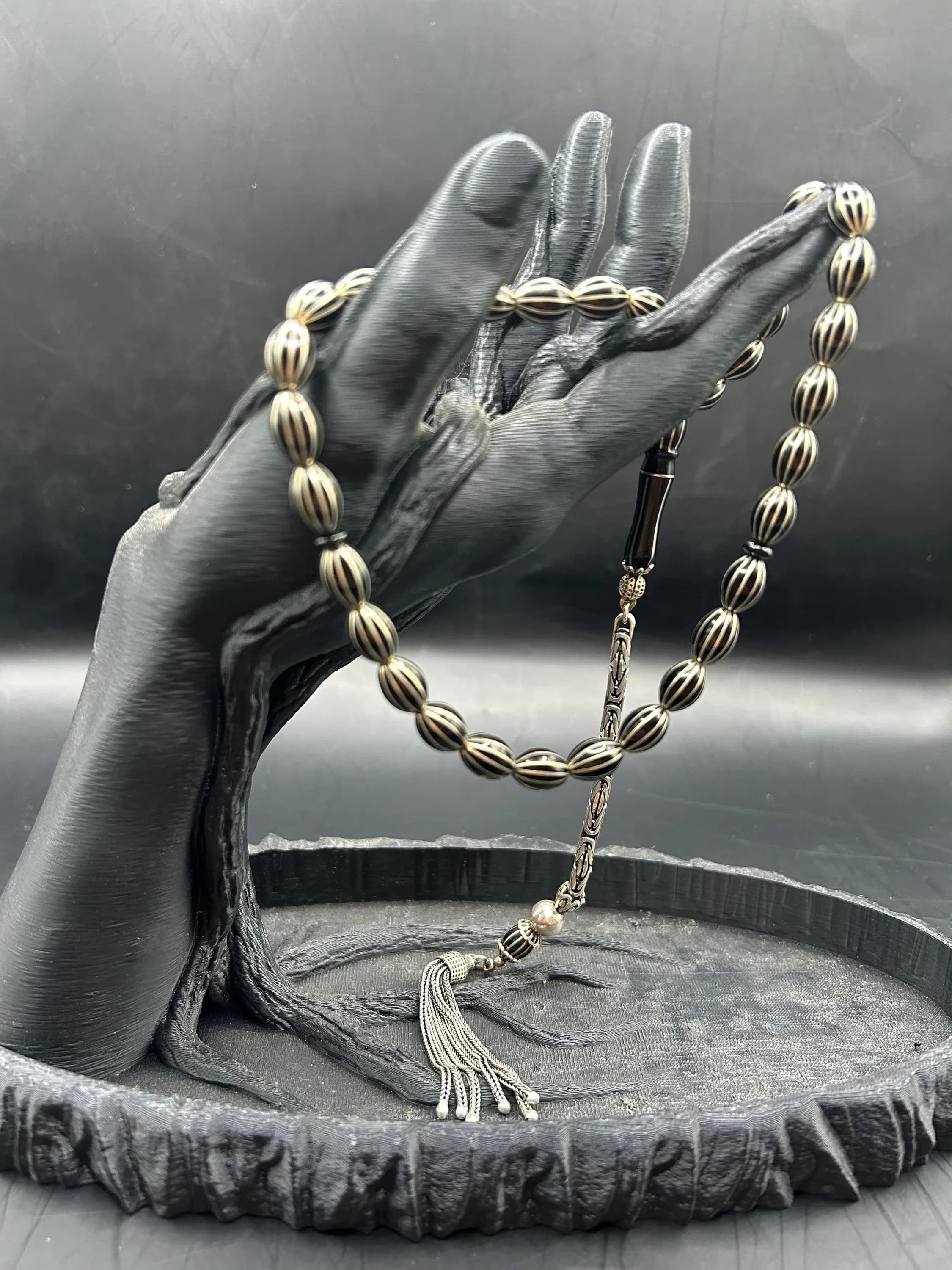 12mm Genuine Oltu Stone Prayer Beads, 925 Sterling Silver King Tassel, Handmade Turkish Tasbih, Islamic Misbaha, Muslim Gift
