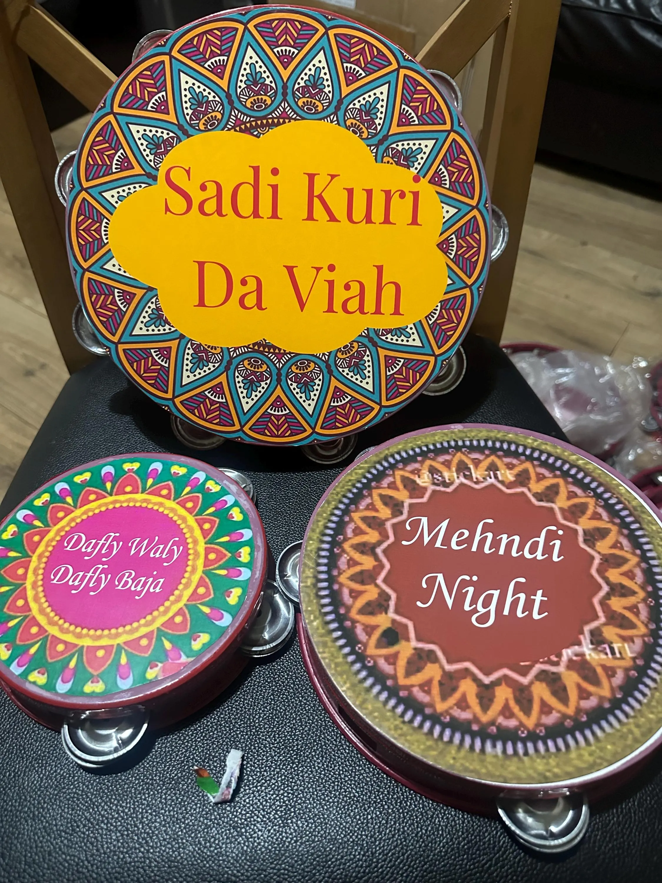 Mehndi Dafli Tambourine Props Set of 3 | Hand Painted Punjabi Wedding Decor