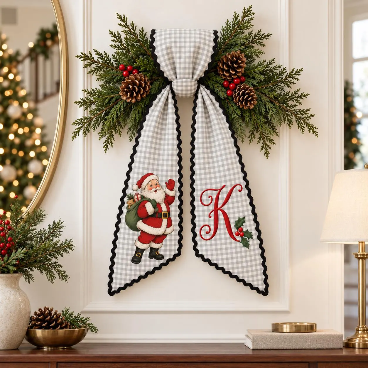 Personalized Santa Christmas Wreath Sash, Embroidered Monogram Holiday Bow, Custom Initial Front Door Decor, Christmas Gift - image 4