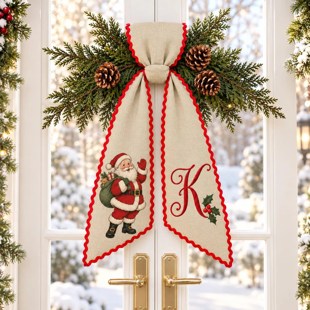 Personalized Santa Christmas Wreath Sash, Embroidered Monogram Holiday Bow, Custom Initial Front Door Decor, Christmas Gift - image 3