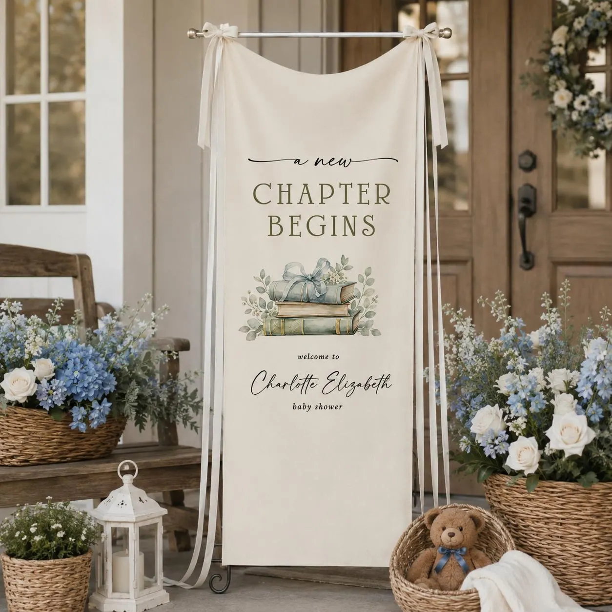 Personalized Baby Shower Banner, A New Chapter Begins Storybook Sign, Custom Name Fabric Welcome Backdrop