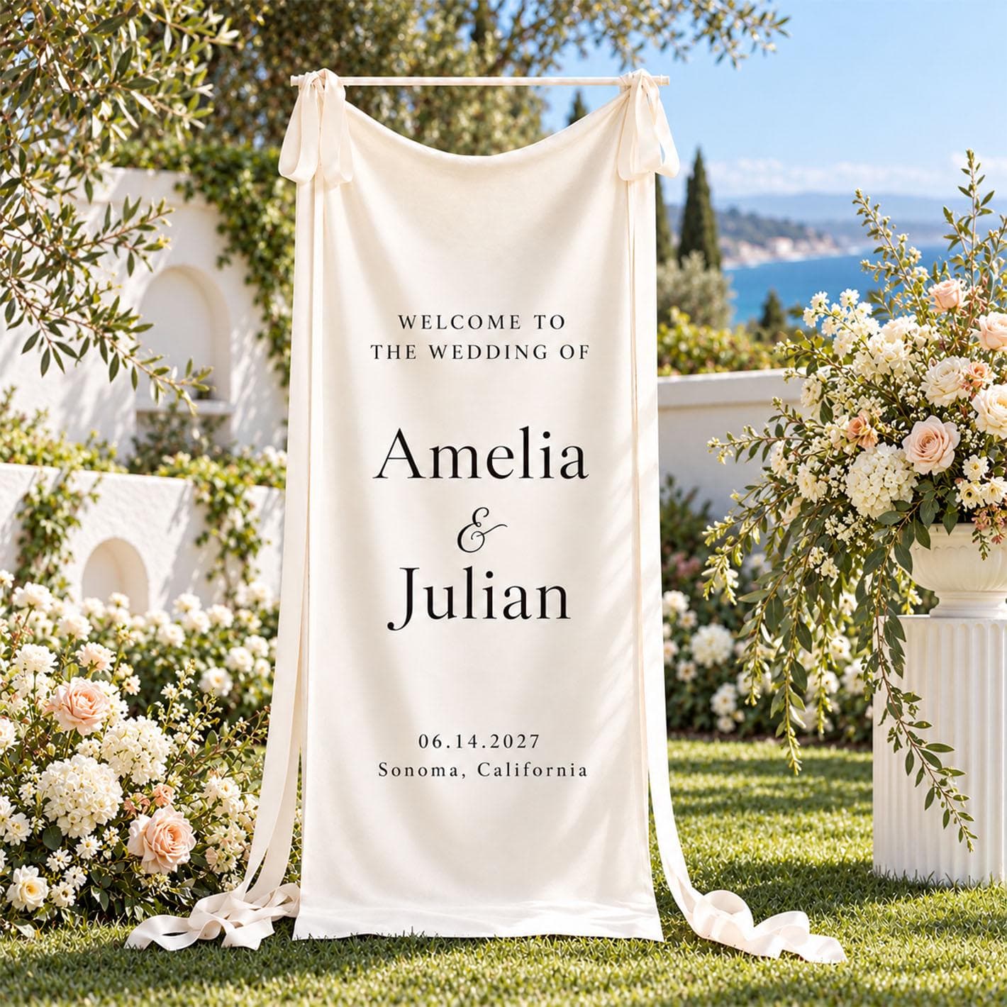 Personalized Wedding Welcome Banner, Minimalist Printed Fabric Wedding Sign, Custom Couple Names and Date, Garden Ceremony Decor - image 5