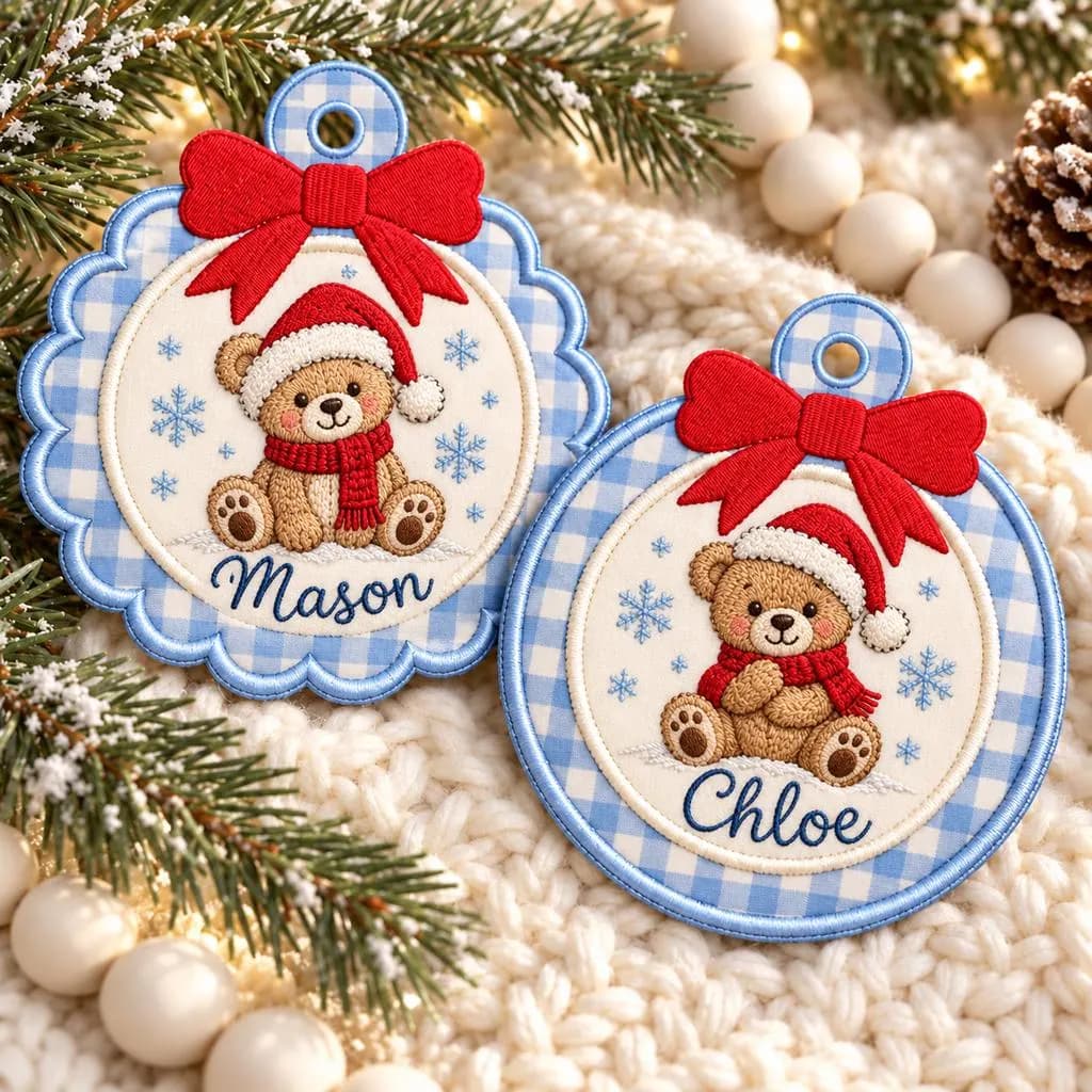 Personalized Teddy Bear Embroidered Christmas Ornament, Custom Name Gingham Fabric Ornament, Scalloped Christmas Tree Decor - image 5