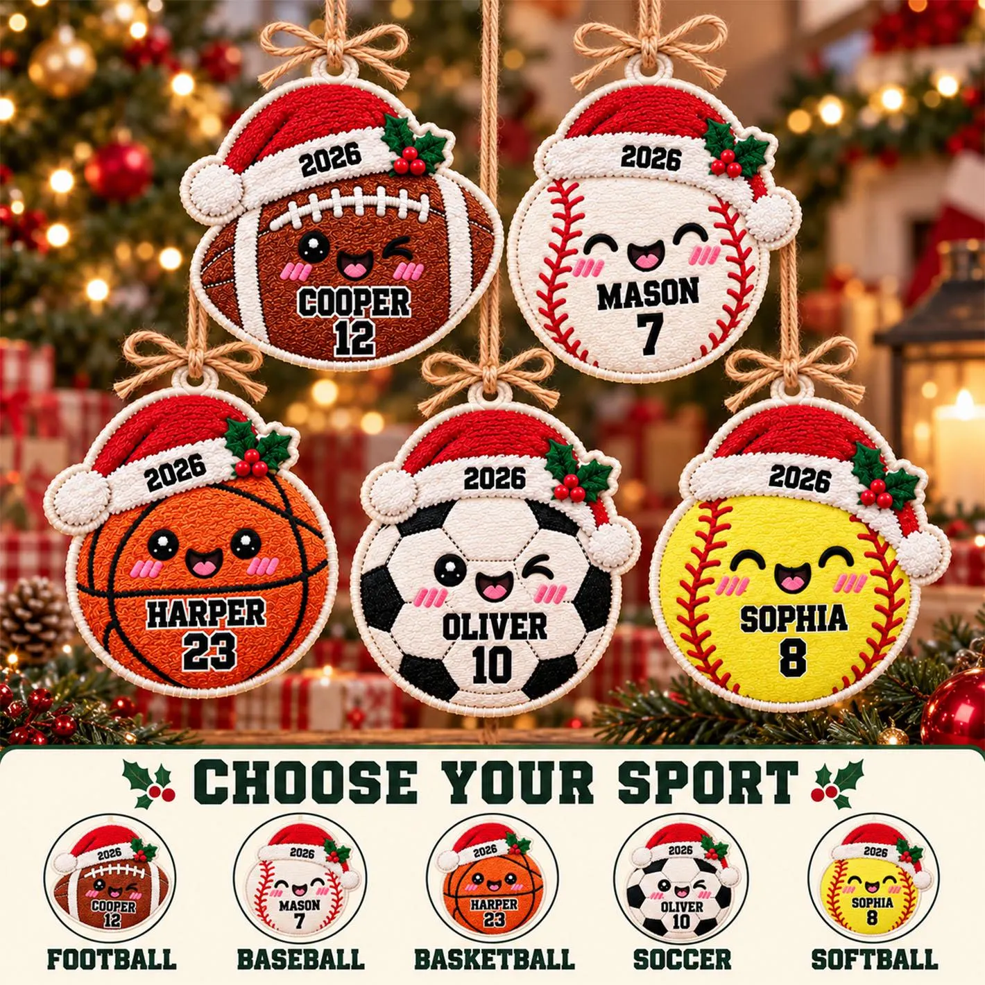 Personalized Sports Embroidered Christmas Ornament, Custom Name and Jersey Number Fabric Ornament, Football Baseball Soccer Gift 2026