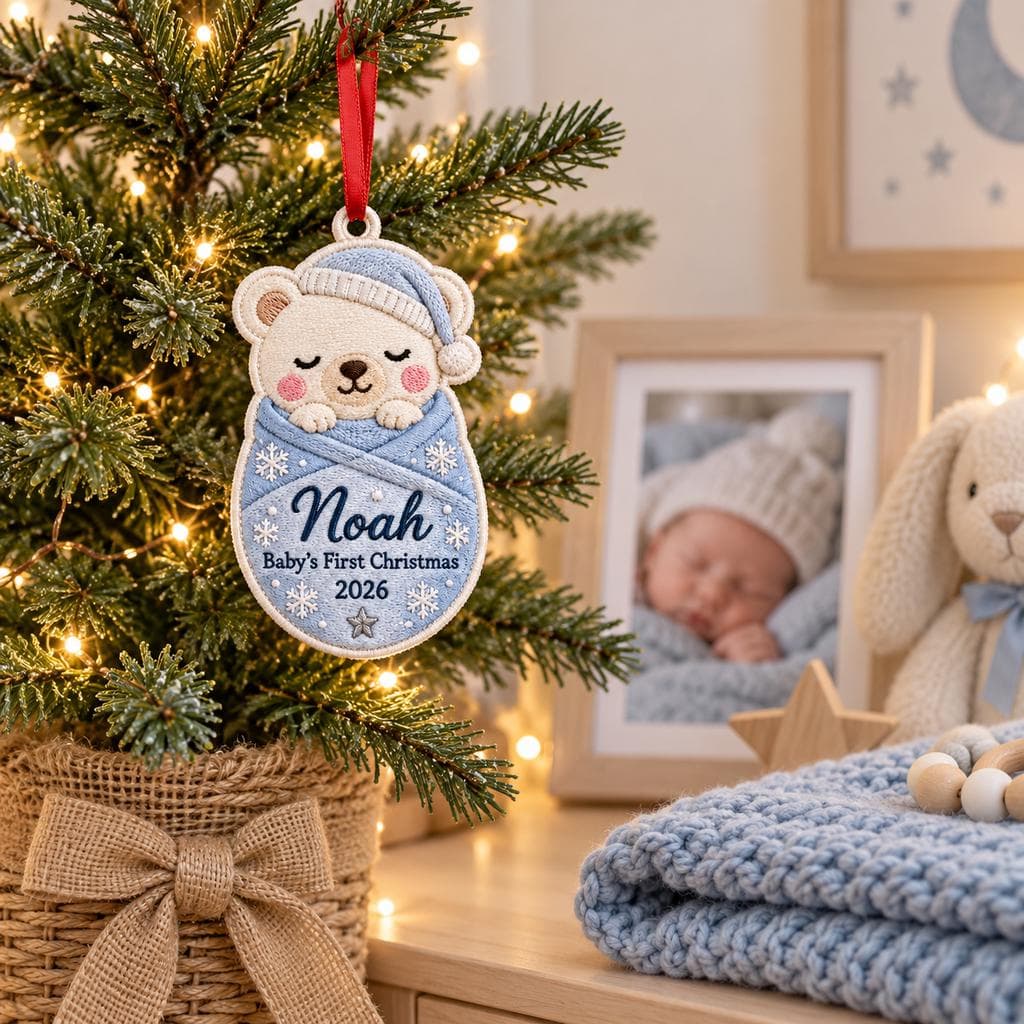 Personalized Baby's First Christmas Embroidered Ornament 2026, Custom Name Sleeping Bear Fabric Ornament, Newborn Christmas Keepsake - image 3