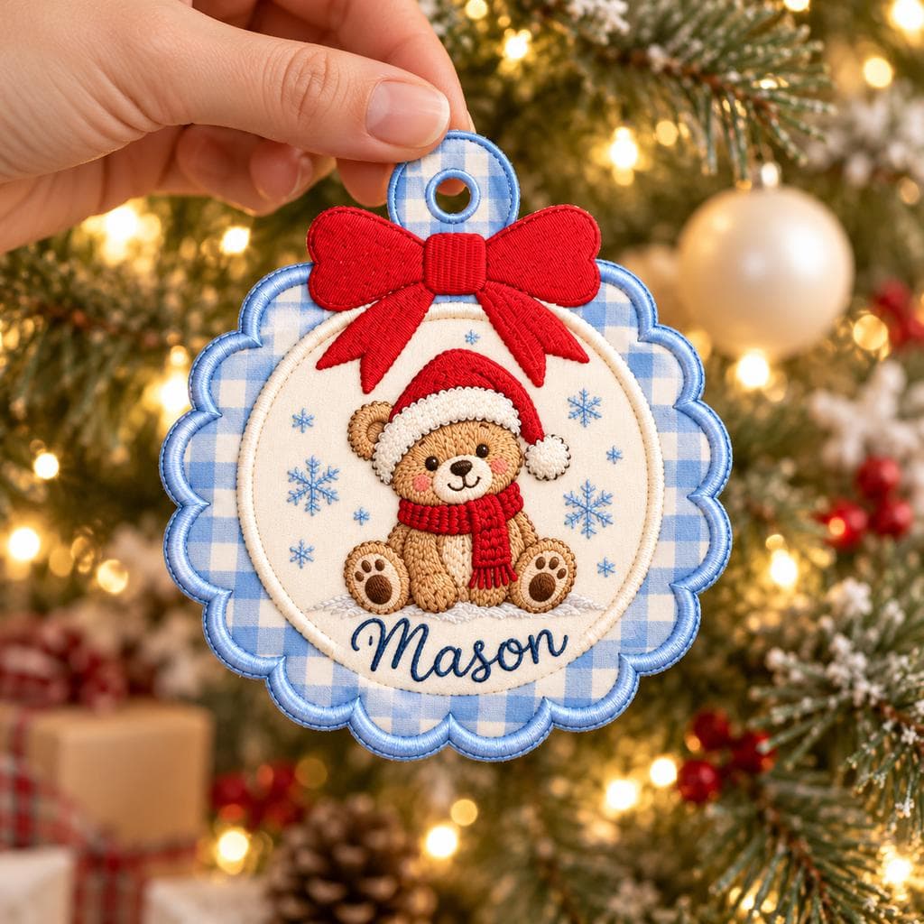 Personalized Teddy Bear Embroidered Christmas Ornament, Custom Name Gingham Fabric Ornament, Scalloped Christmas Tree Decor - image 3