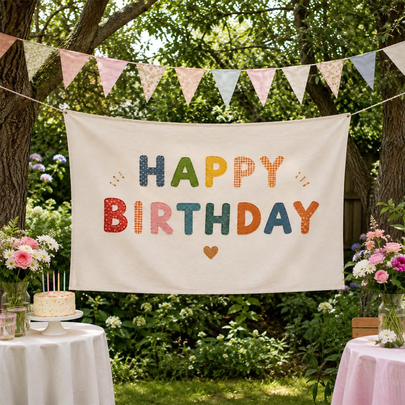 Happy Birthday Banner, Colorful Fabric Birthday Backdrop, Kids Birthday Party Decor, Patchwork Garden Party Sign