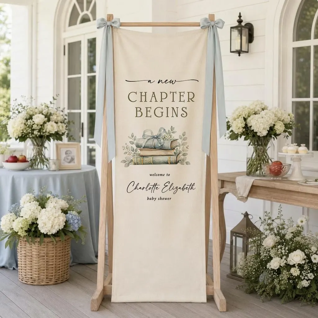 Personalized Baby Shower Banner, A New Chapter Begins Storybook Sign, Custom Name Fabric Welcome Backdrop - image 4