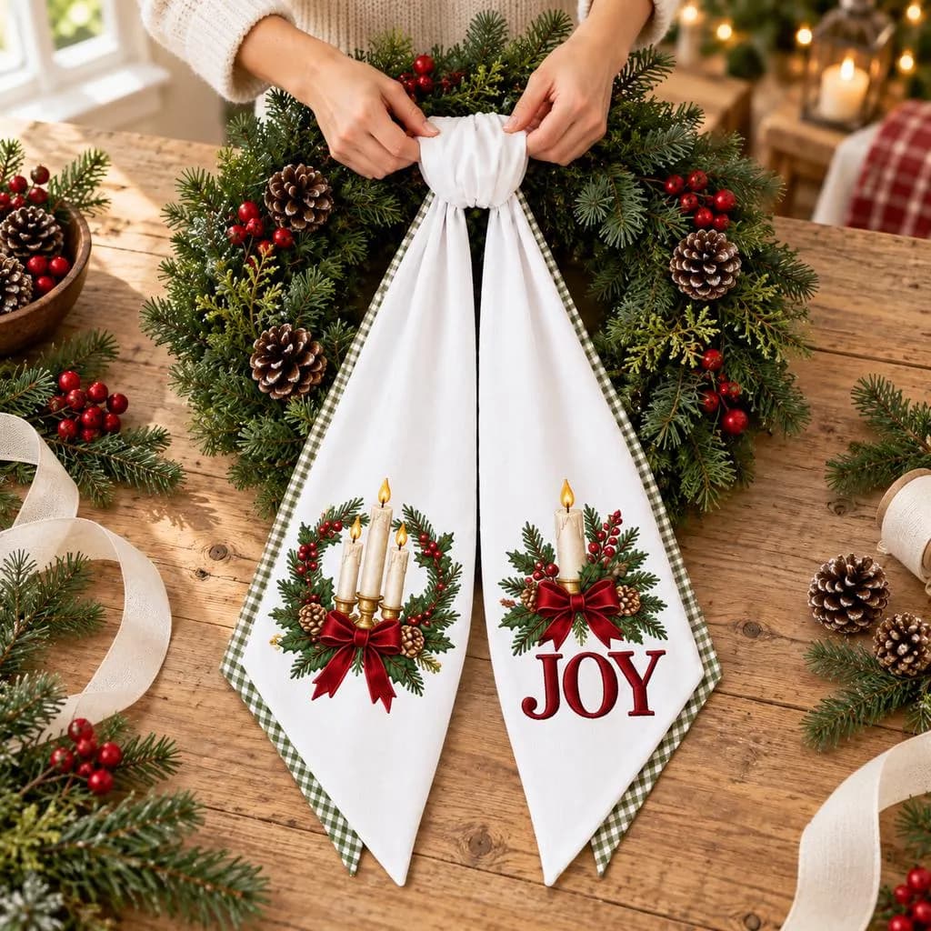Christmas Joy Wreath Sash, Traditional Christmas Candle Bow, Green Gingham Holiday Door Decor, Farmhouse Christmas Wreath Ribbon - image 4