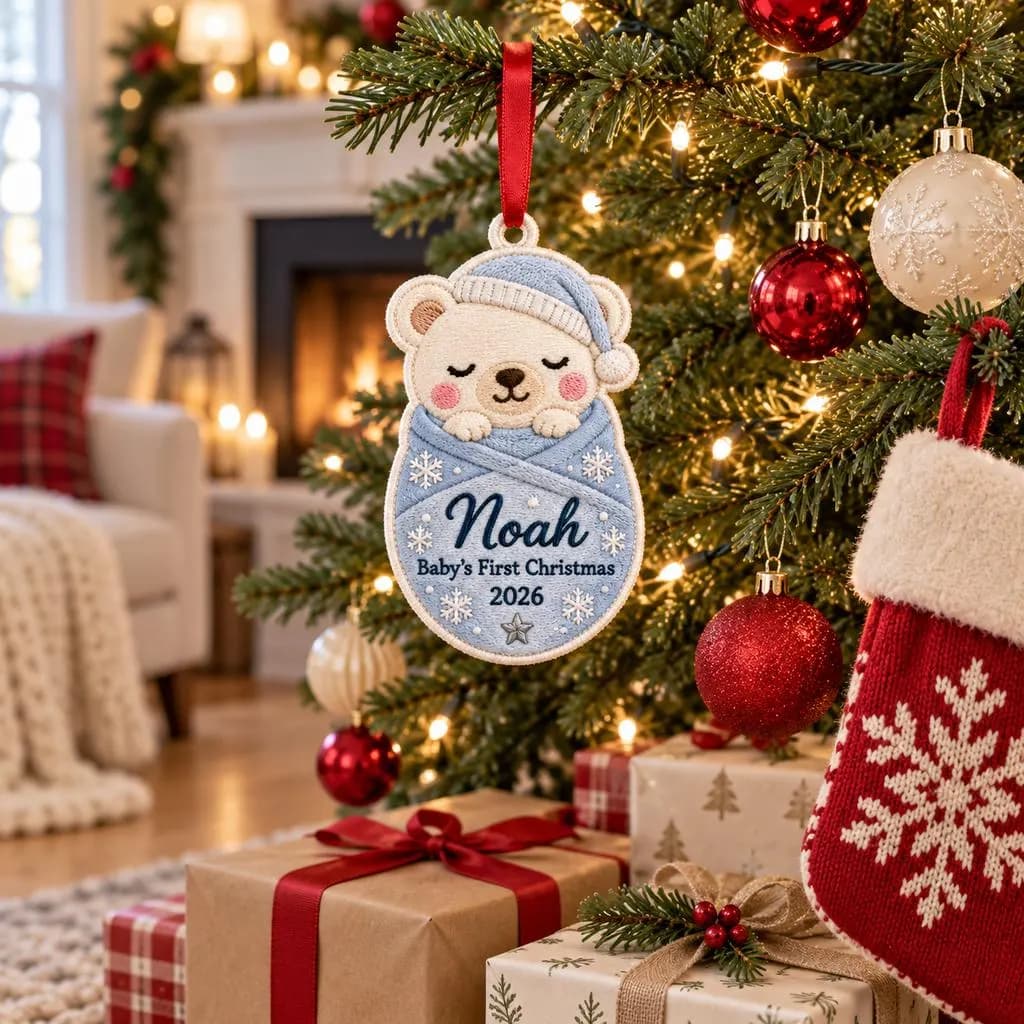 Personalized Baby's First Christmas Embroidered Ornament 2026, Custom Name Sleeping Bear Fabric Ornament, Newborn Christmas Keepsake - image 4